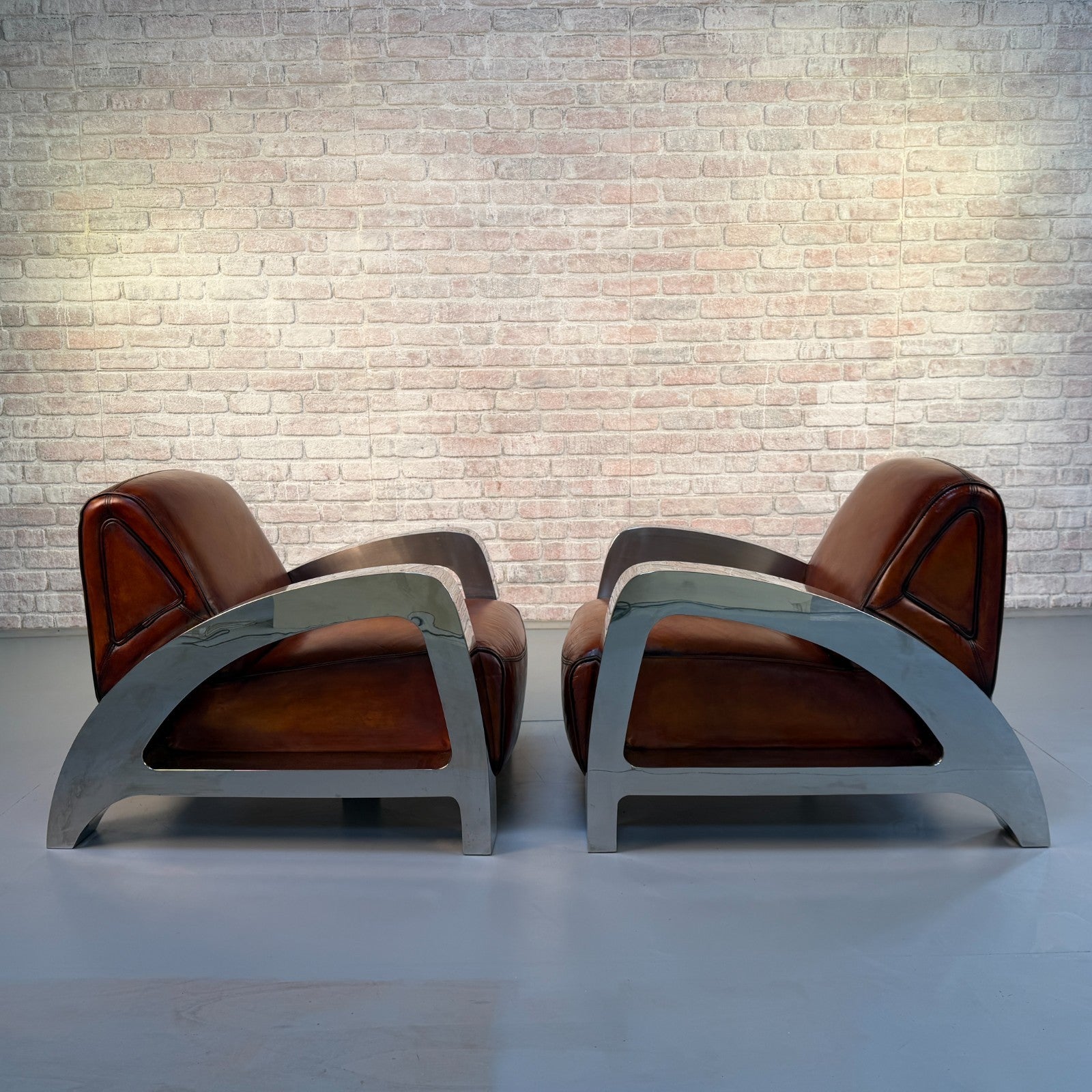 Stunning Pair of Vintage Art Deco Chrome Aviator Heritage Brown Leather Armchair