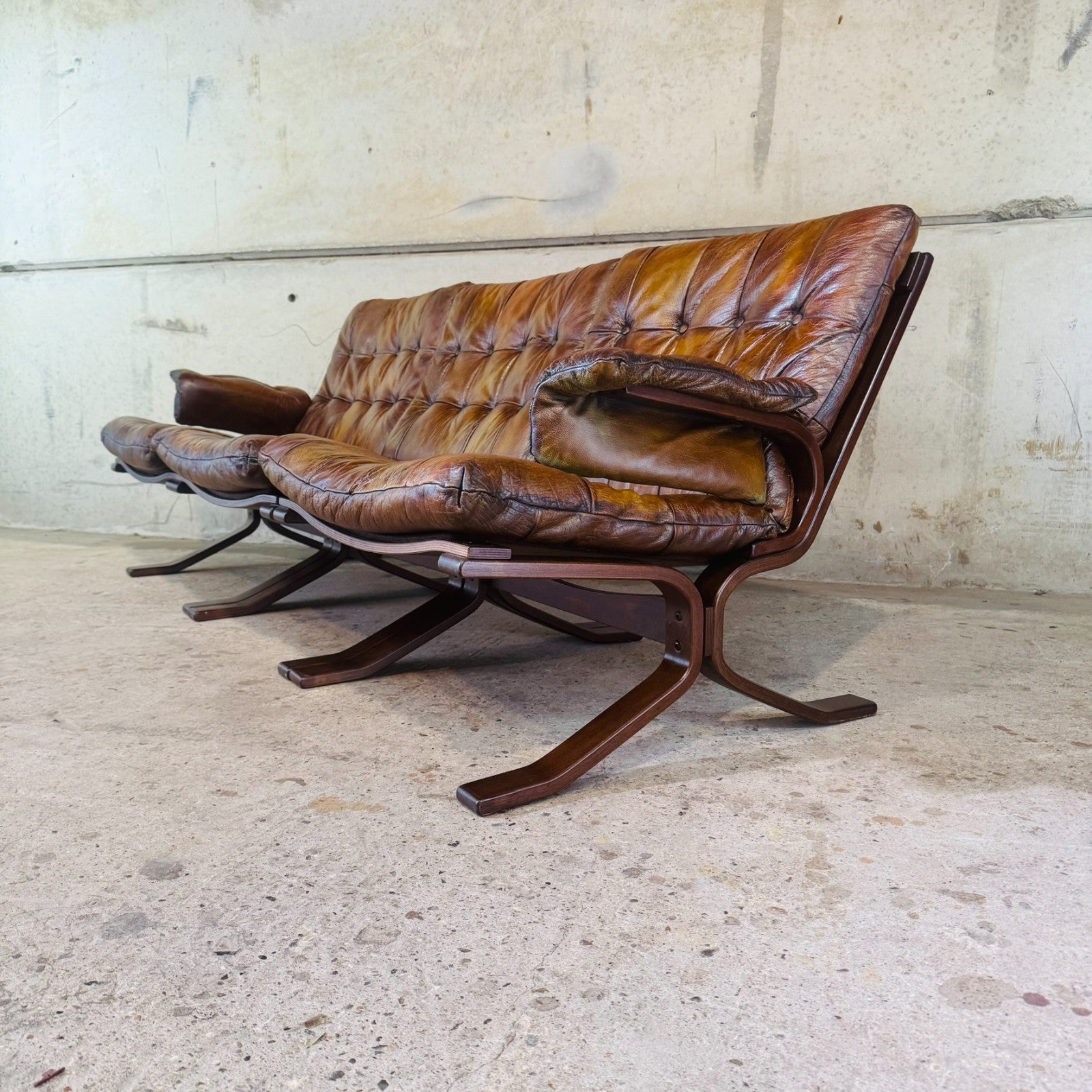 1970s Norwegian Tan Leather Three-Seater Sofa — Rustic Bentwood Frame