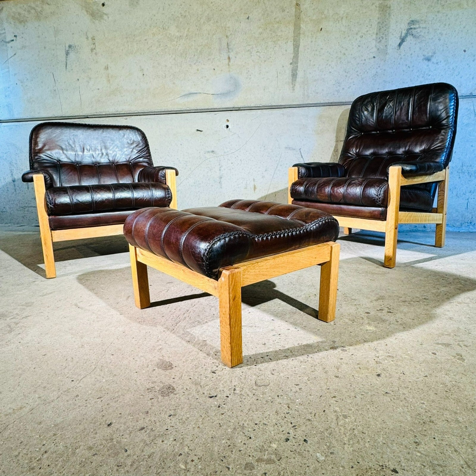 Vintage His and Hers Leather & Oak Swedish Chairs 1970s with Footstool