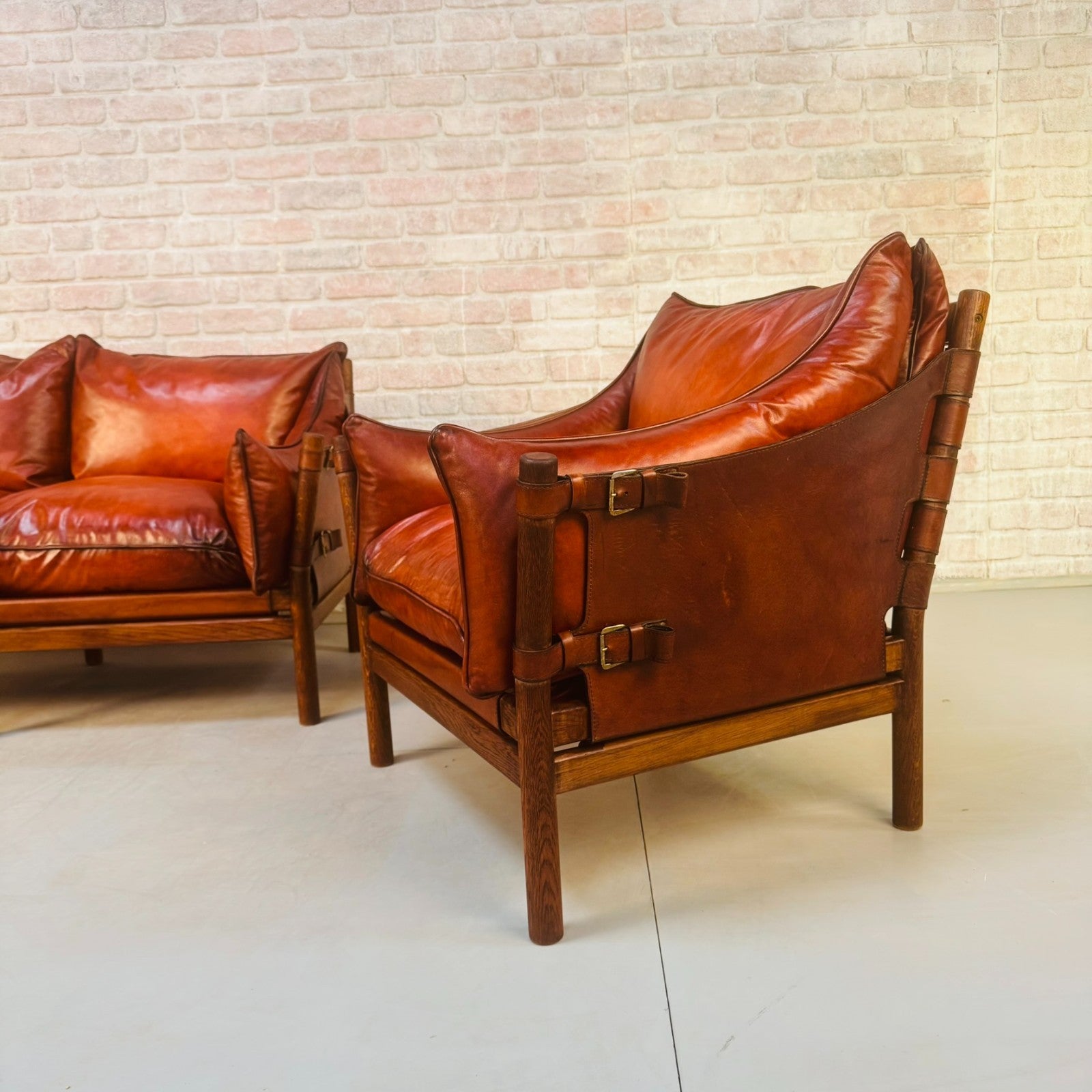 Vintage Swedish 60s Arne Norell “Ilona” Tan Leather Sofa & Pair of Safari Chairs