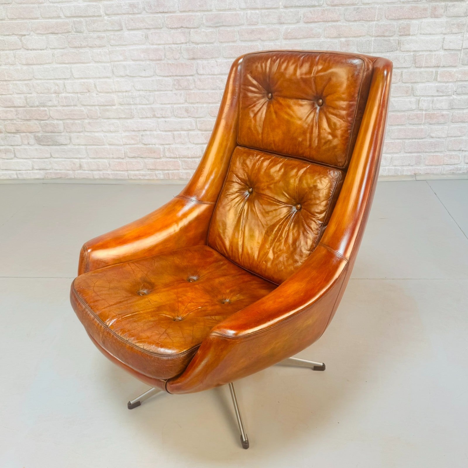 Vintage 1970s Danish Swivel Tan Leather Egg Chair Armchair