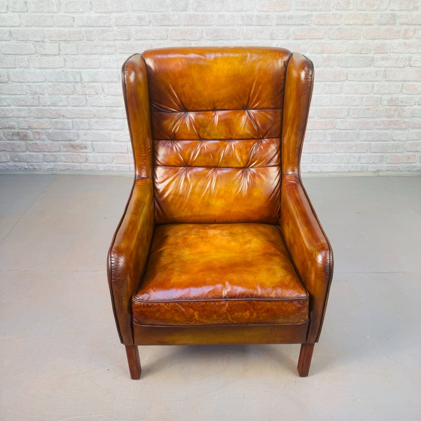 Vintage Danish High Back Light Tan Leather Armchair Mid Century Lounge Chair
