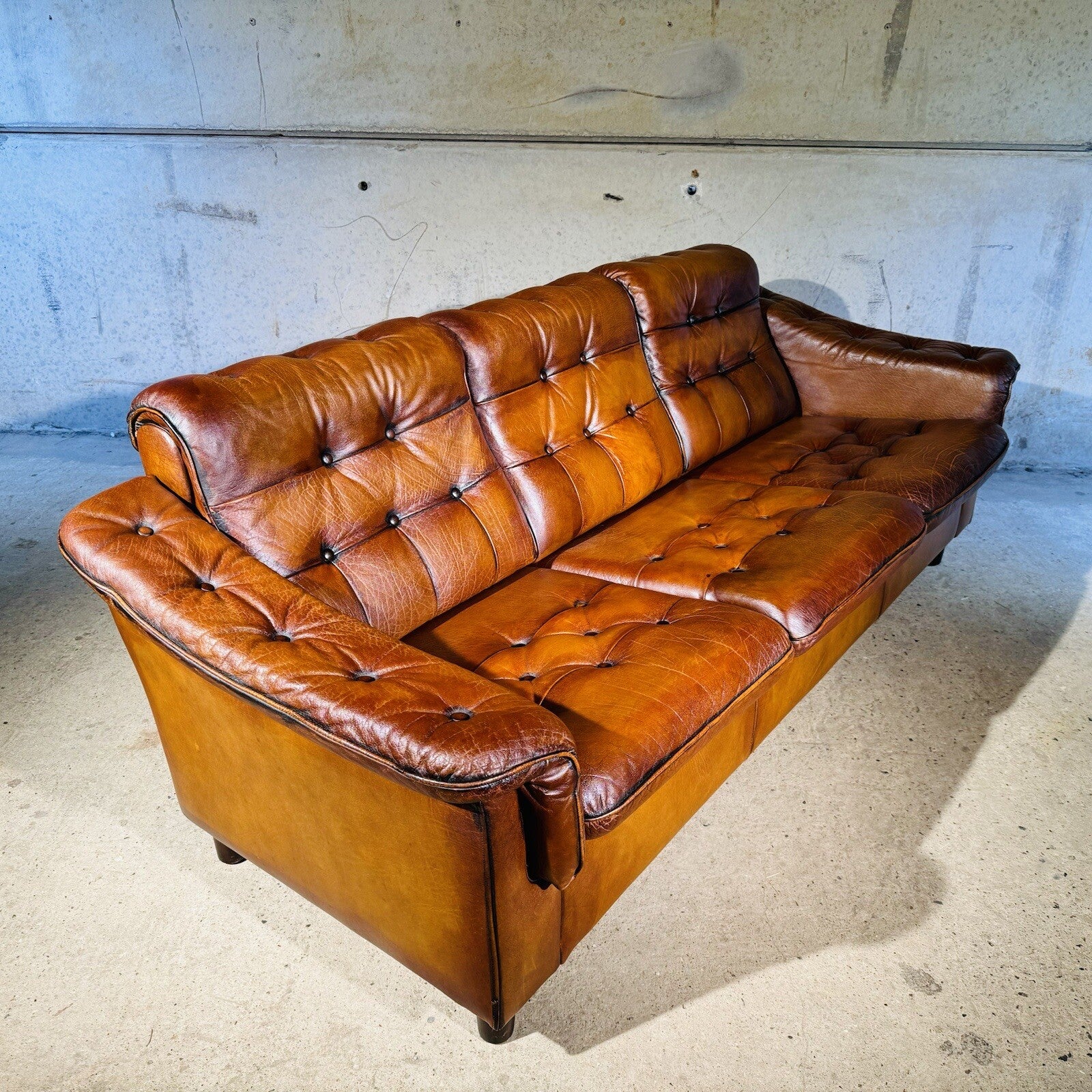 Vintage Danish Three-Seater Sofa - Bull Neck Leather, Hand-Dyed Tan Finish