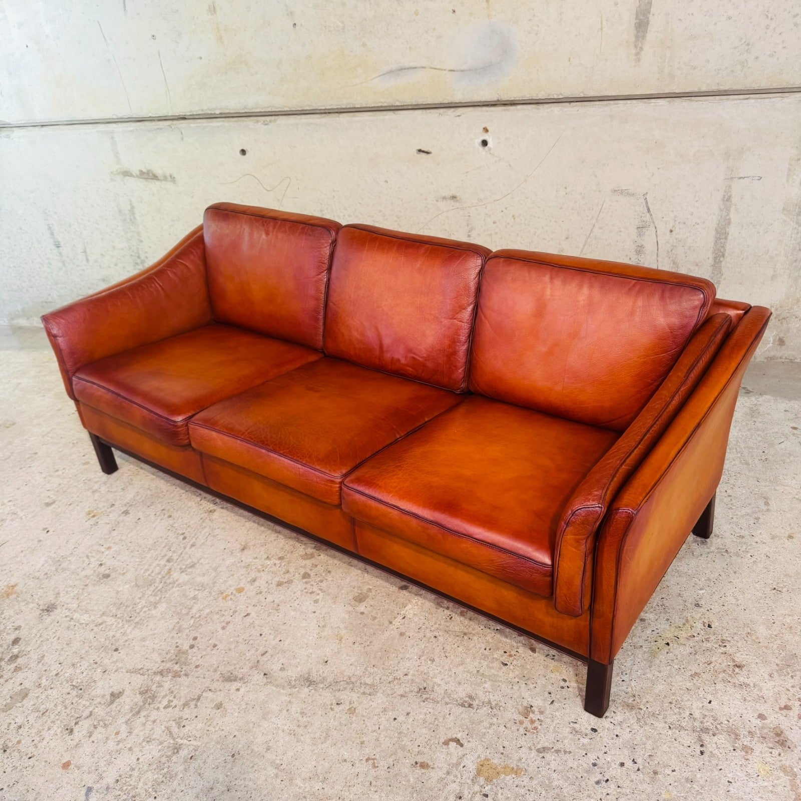 1970s Danish Cognac Leather 3 Seater Sofa — Curved Arms & Beech Plinth