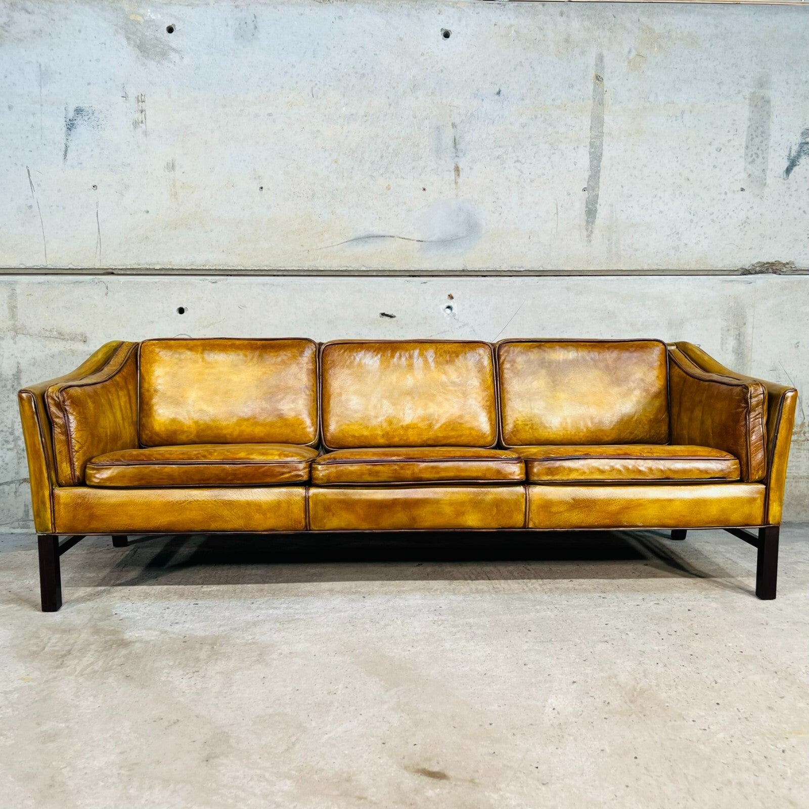 Vintage 1970s Danish Erik Jorgensen Patinated Light Tan Three-Seater Leather Sofa