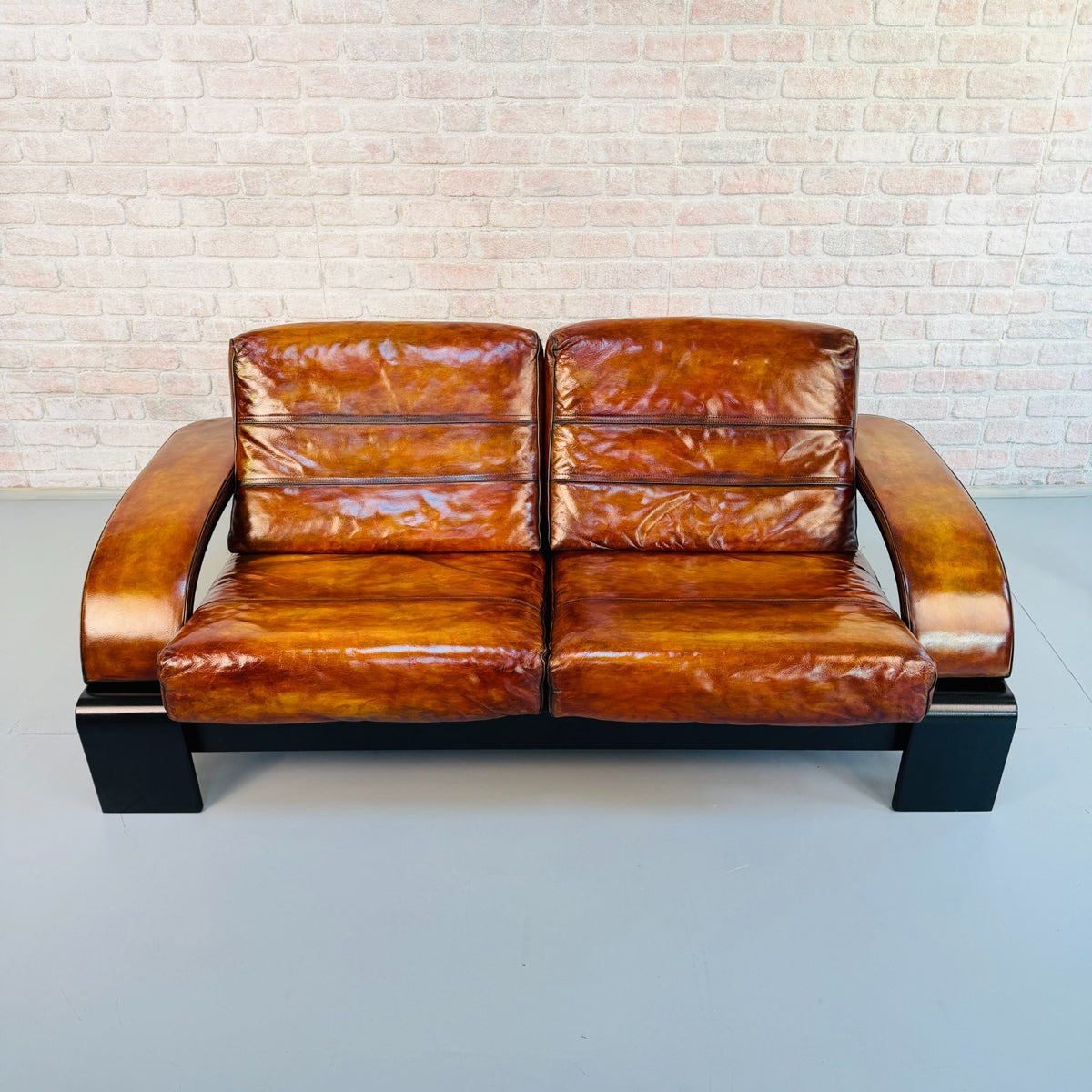 Vintage Ake Fribytter Kroken Tan Leather 2 Seater Sofa Nelo Sweden
