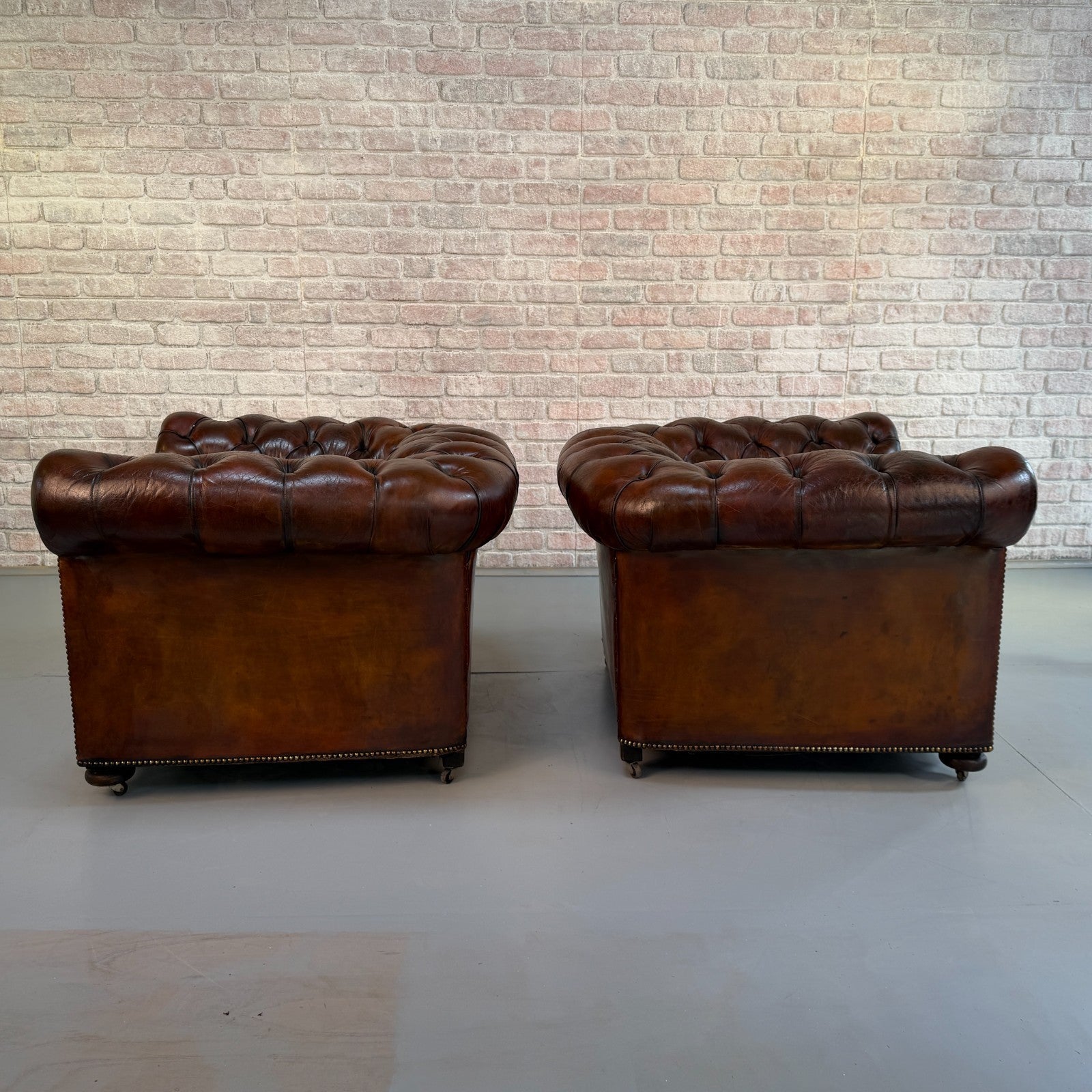 Vintage Pair of Chesterfield Dark Tan Leather Lounge Chairs – Circa 1950
