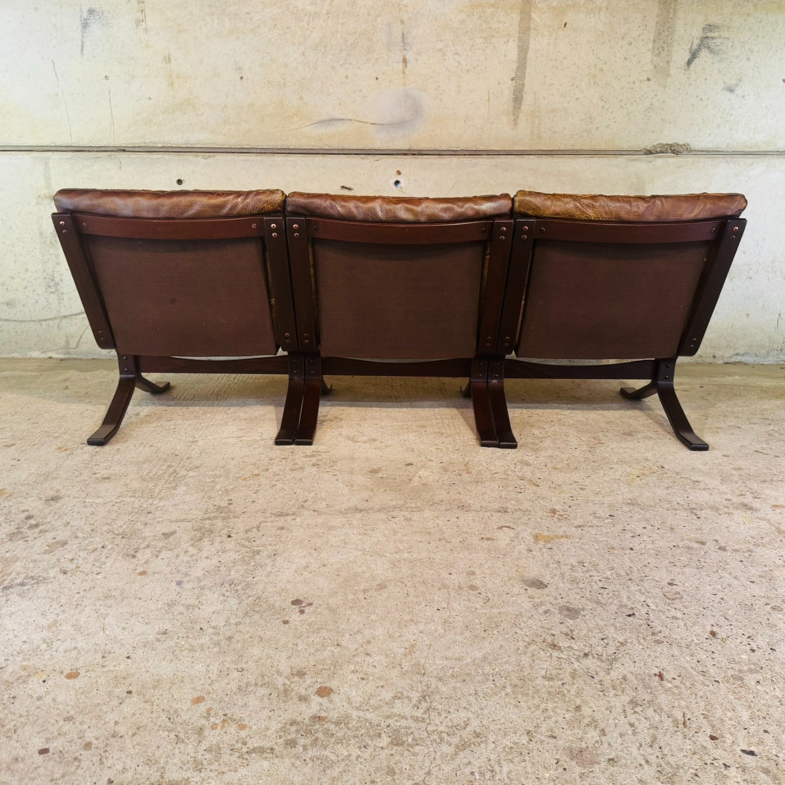 1970s Norwegian Tan Leather Three-Seater Sofa — Rustic Bentwood Frame