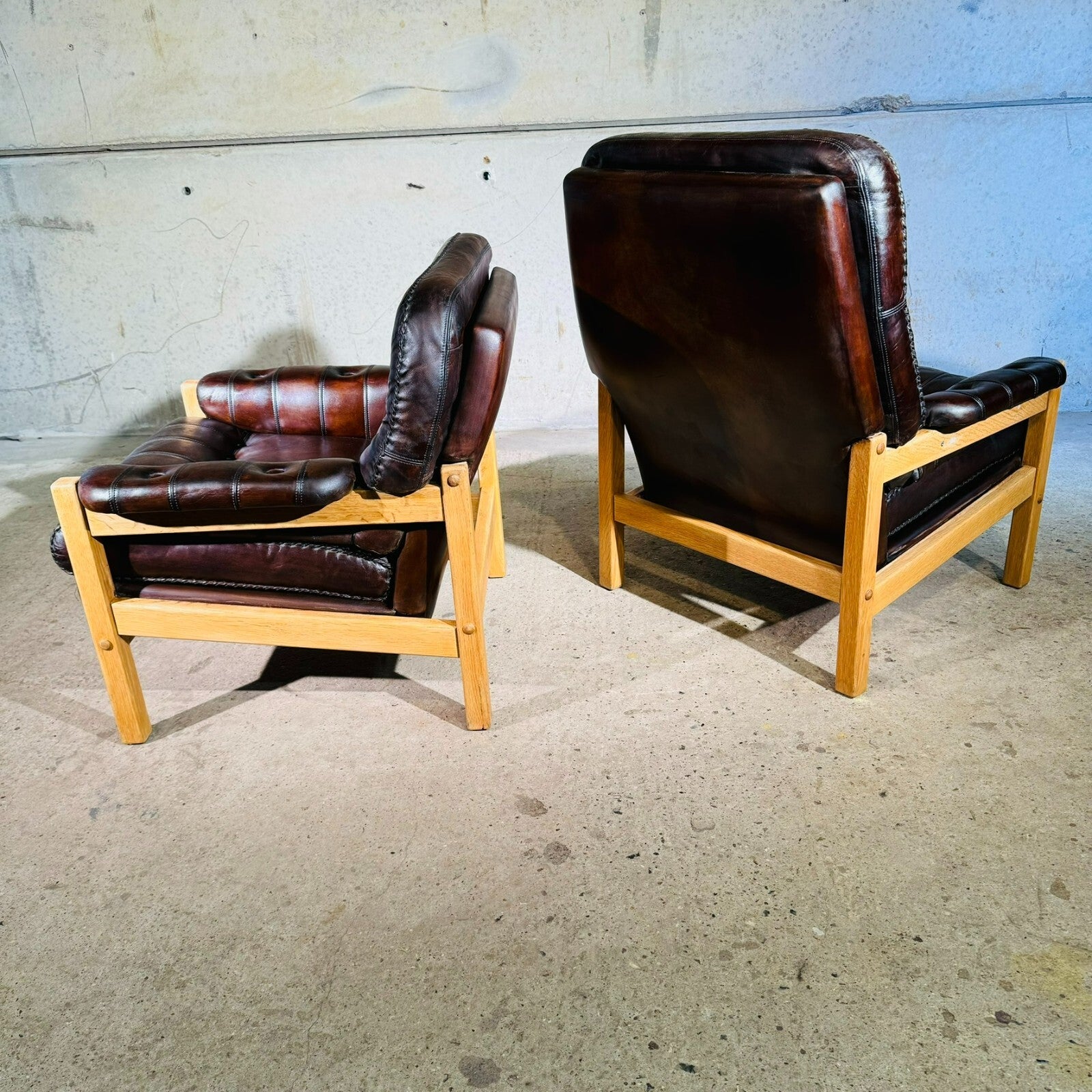 Vintage His and Hers Leather & Oak Swedish Chairs 1970s with Footstool