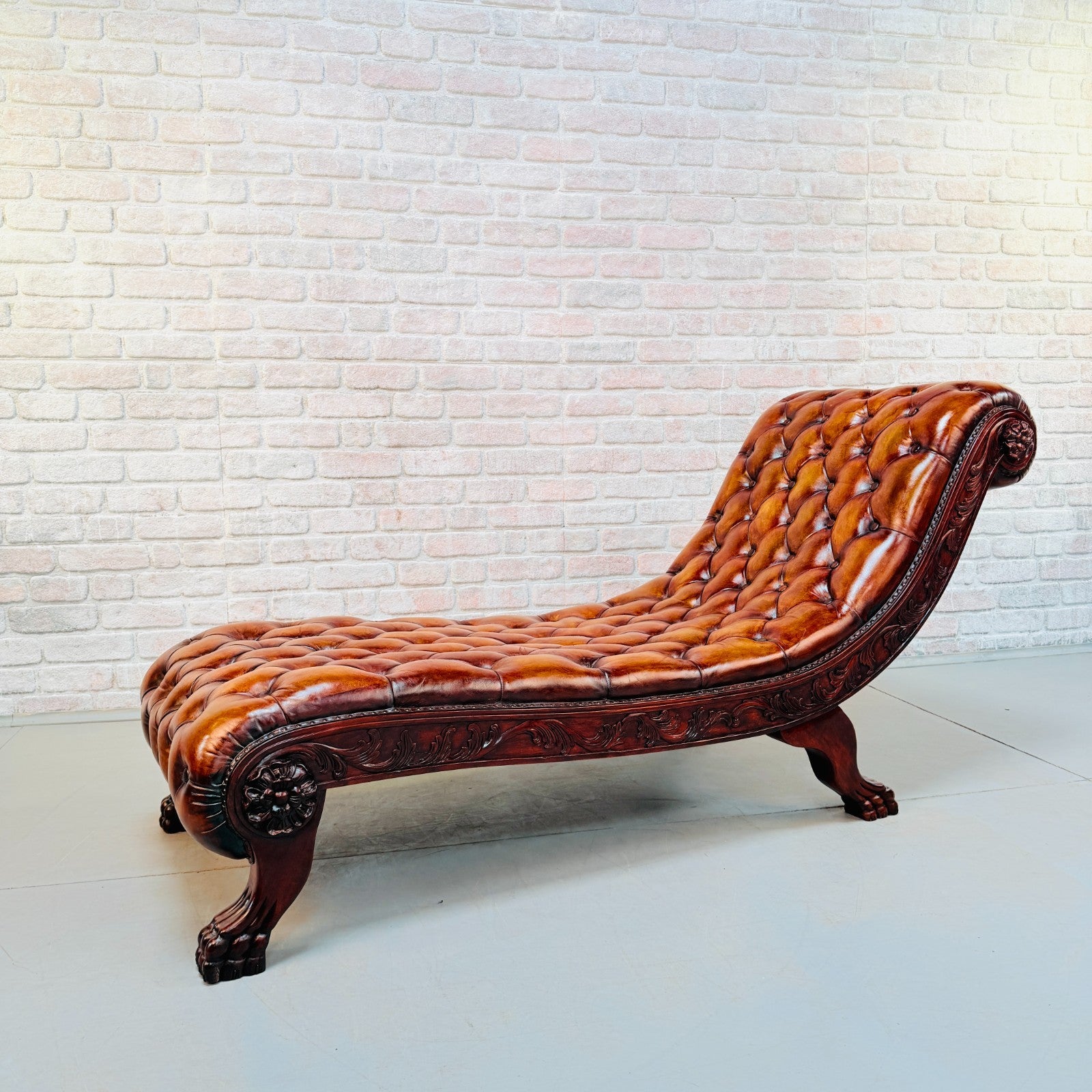 Decorative Chesterfield Style Tan Hand-Dyed Leather Chaise Lounge