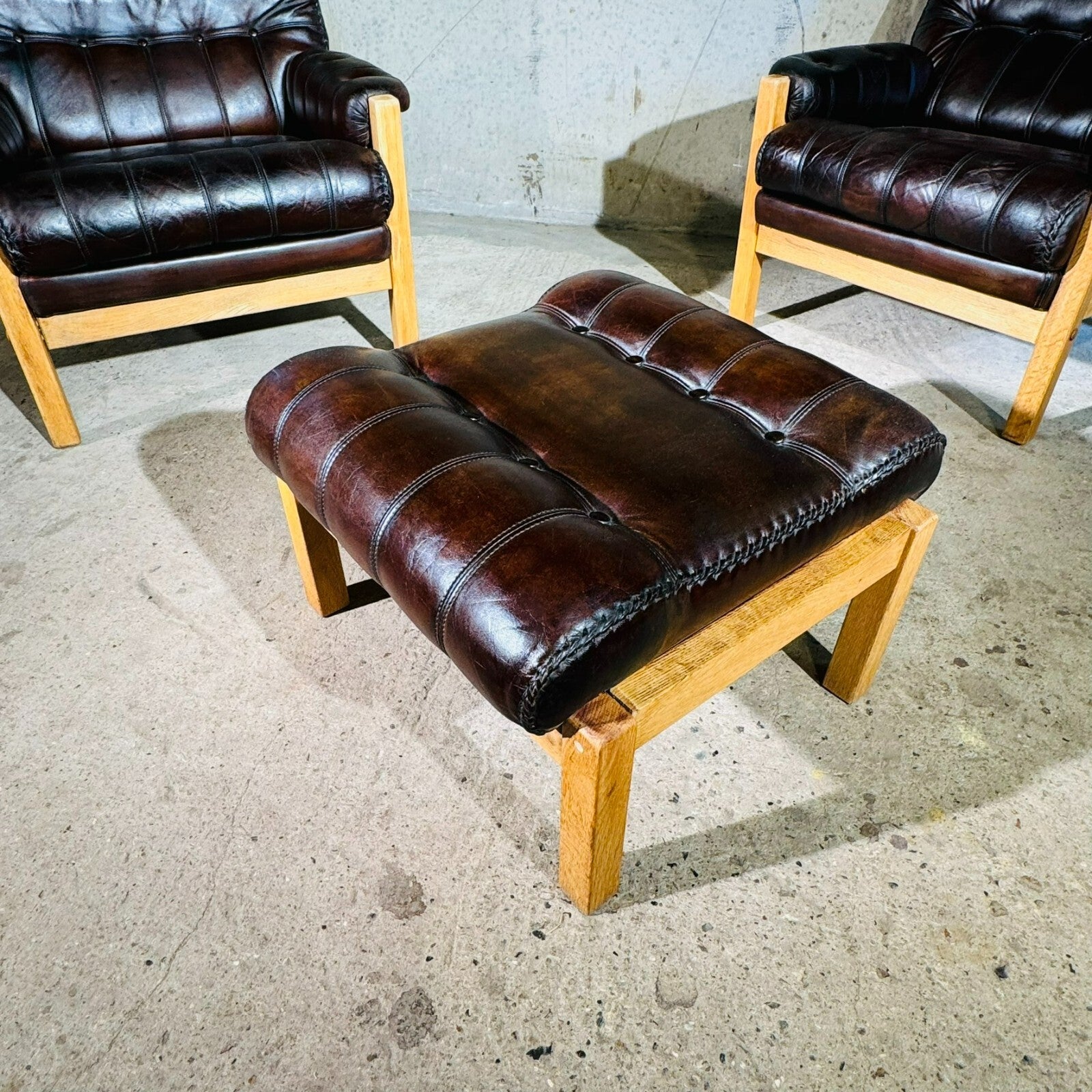 Vintage His and Hers Leather & Oak Swedish Chairs 1970s with Footstool