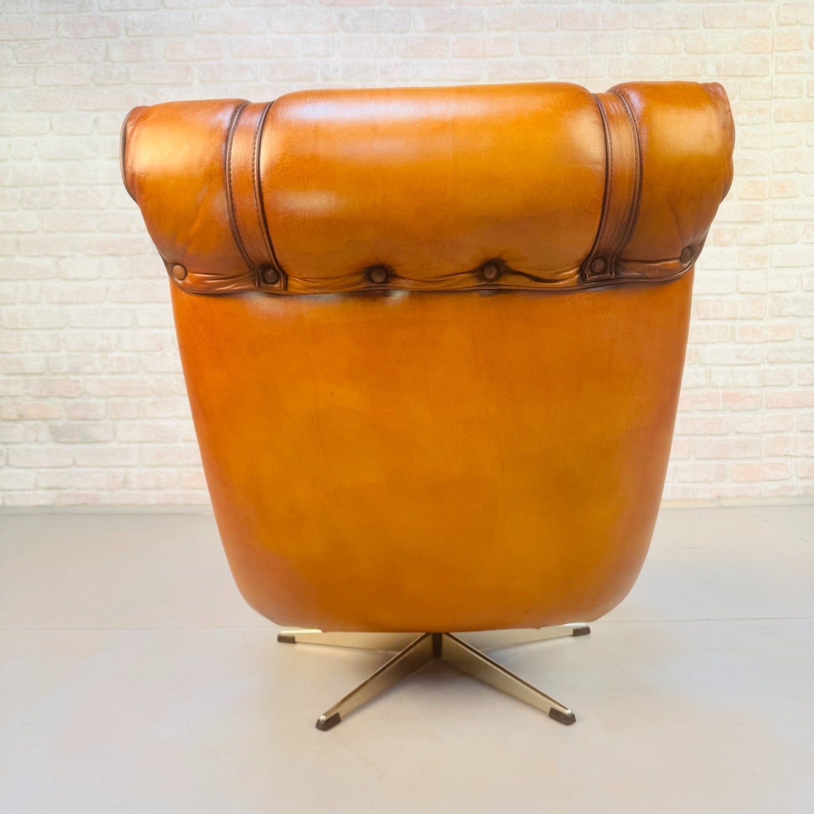 Vintage Danish Swivel Armchair Hand Dyed Tan Leather | Scandinavian Lounge