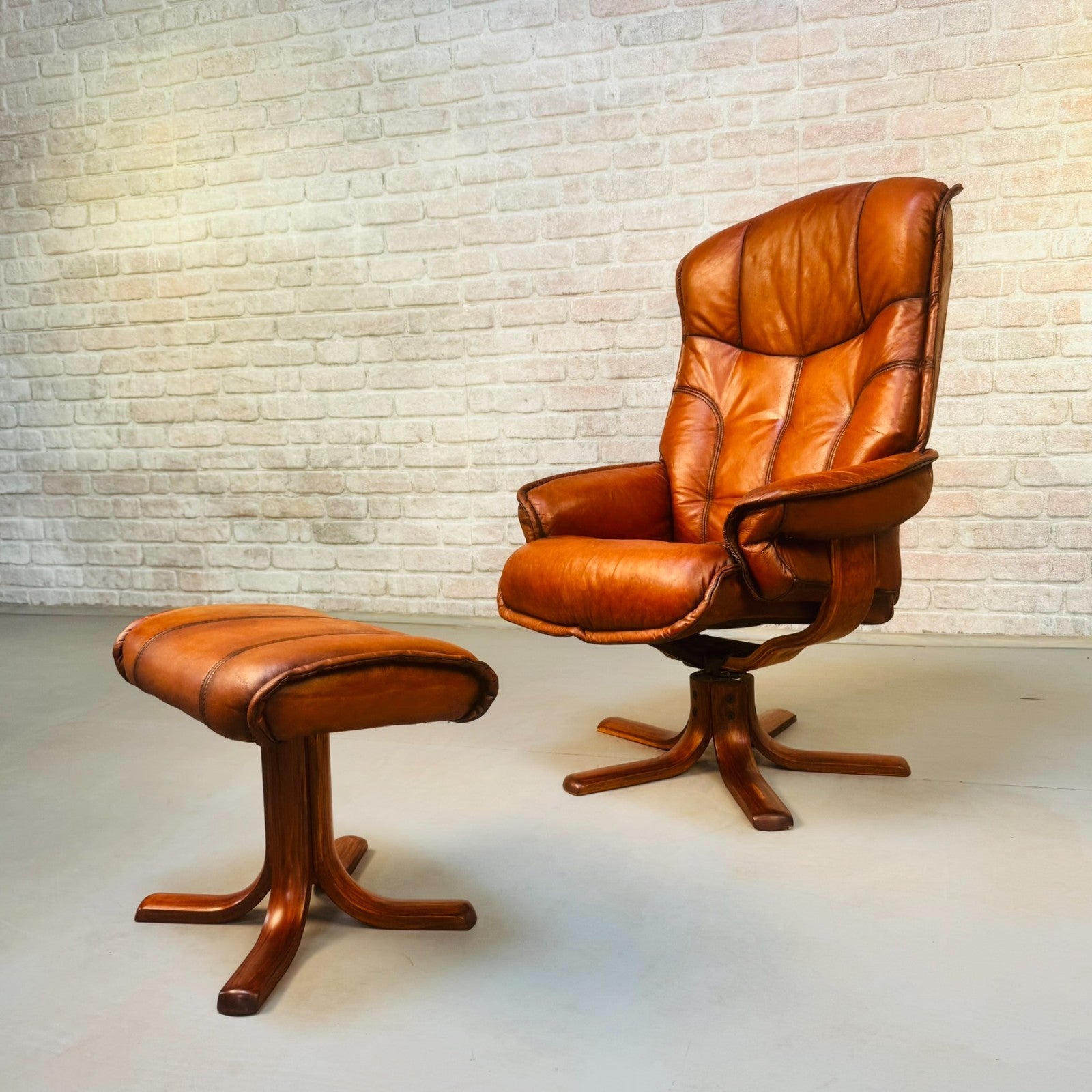 Vintage Danish Reclining Swivel Chair & Footstool | Hand Dyed Tan Leather