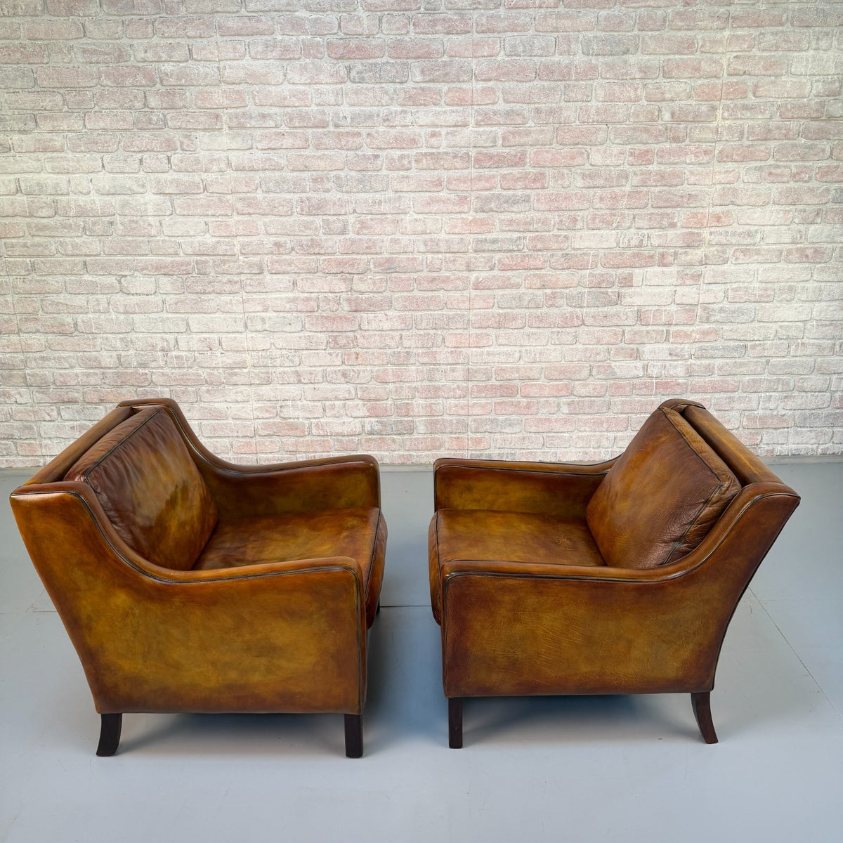Near Pair Vintage 1970s Mogens Hansen Tan Leather Armchairs Danish Design