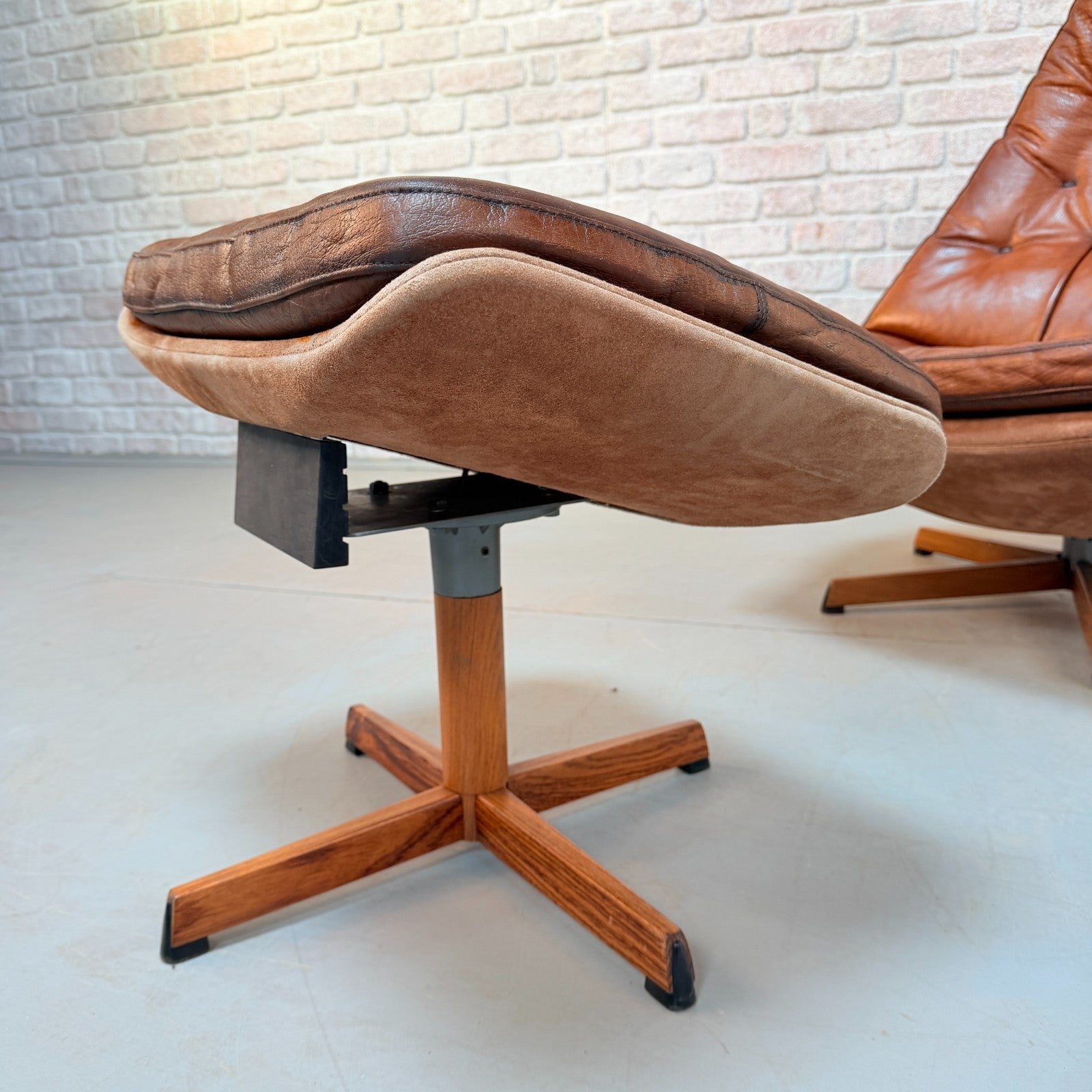 1960s Pair of Madsen & Schubell MS68 Cognac Leather Lounge Chairs & Footstools