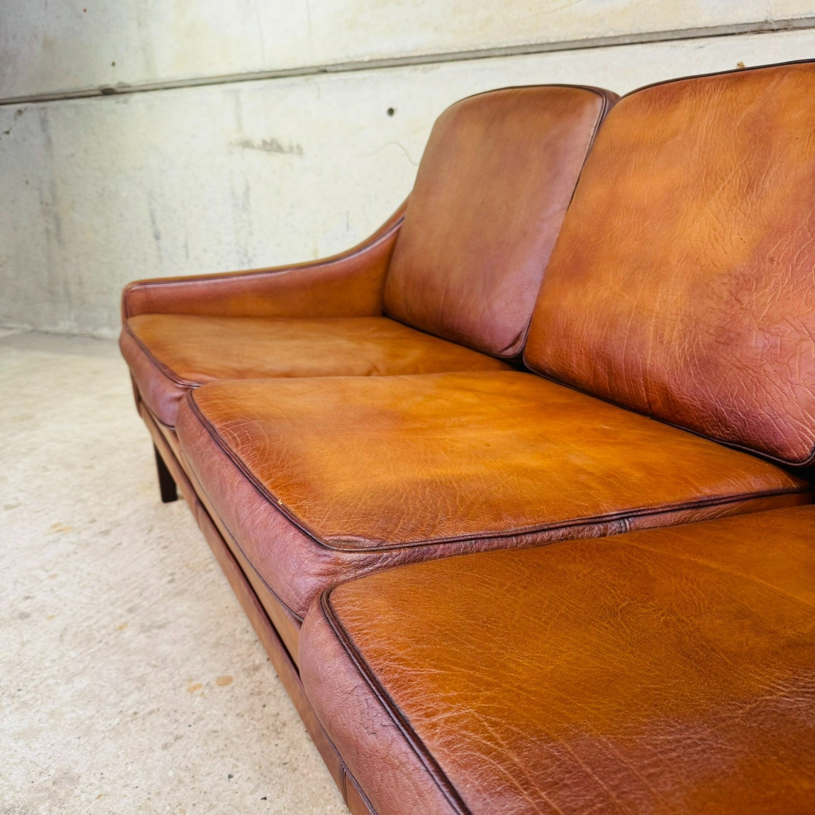 Vintage 1960s Danish Tan Leather Three-Seater Sofa