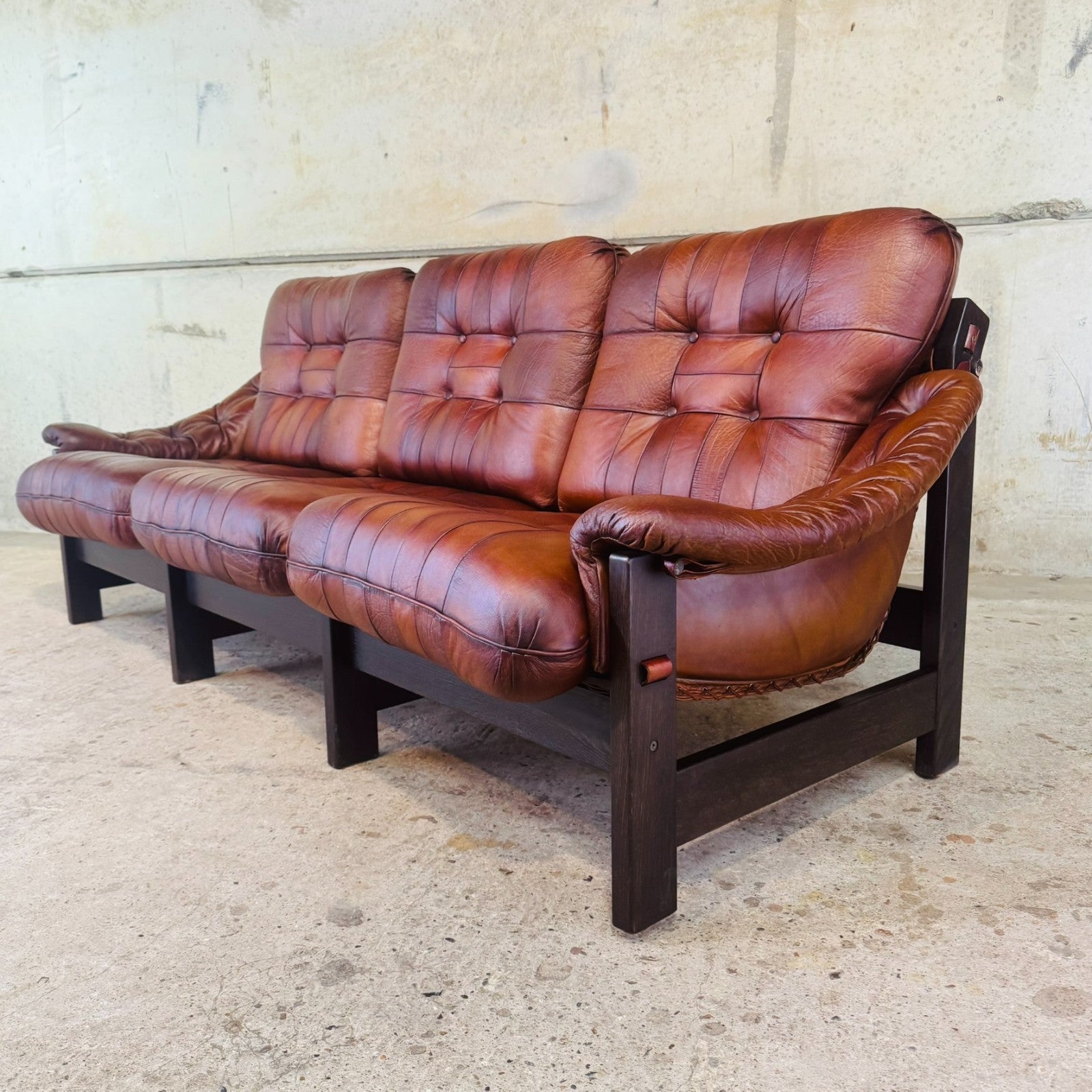 1970s Jean Gillon Brazilian Oak & Tan Leather Three-Seater Sofa