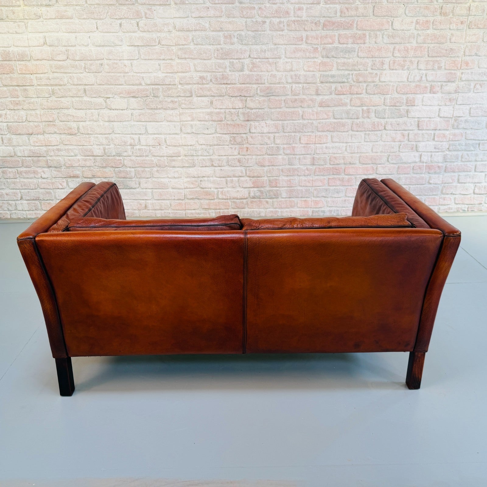 Vintage 1970s Danish Tan Leather Box Two Seater Sofa