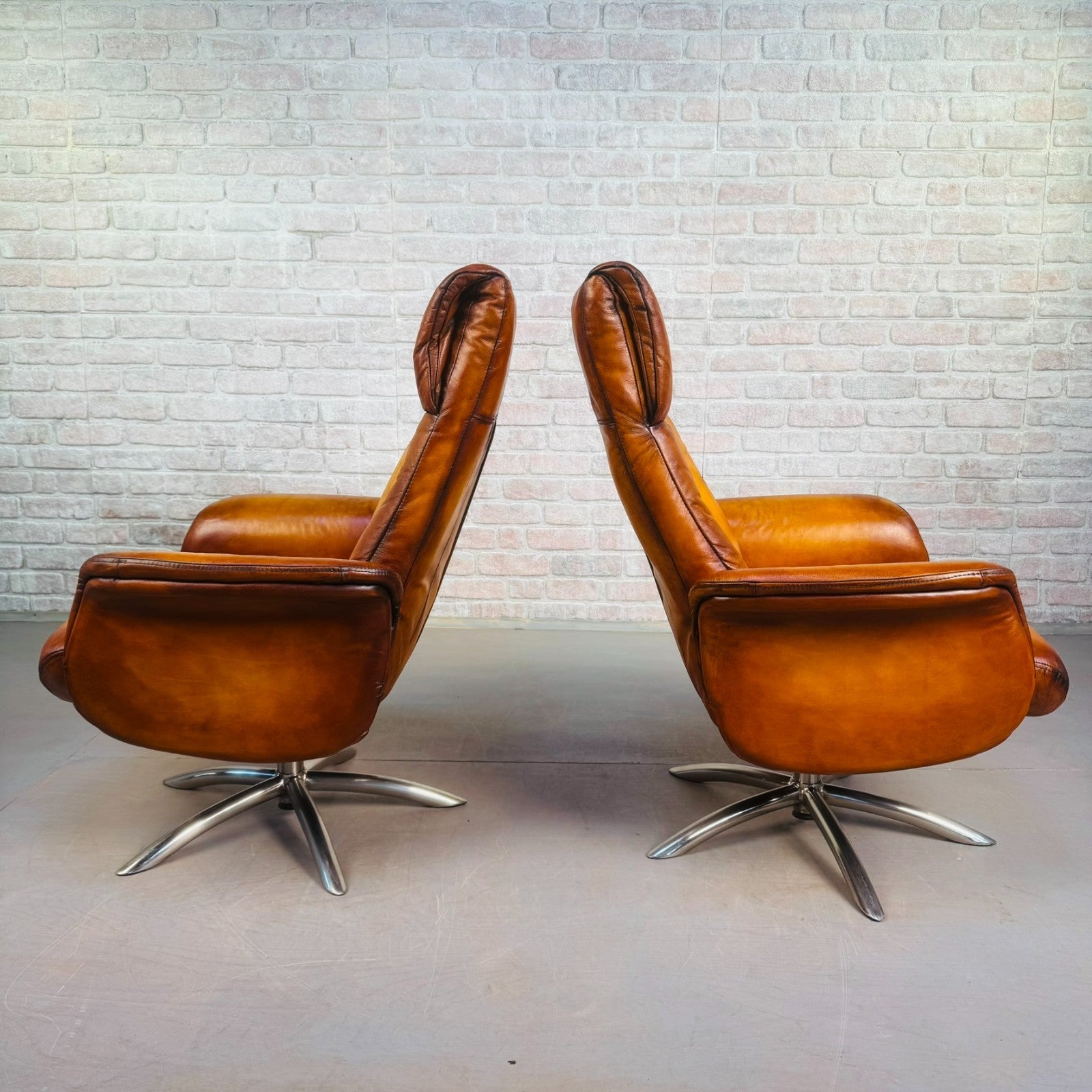 Vintage Pair of Danish High Back Swivel Recliner Chairs – Light Tan Leather