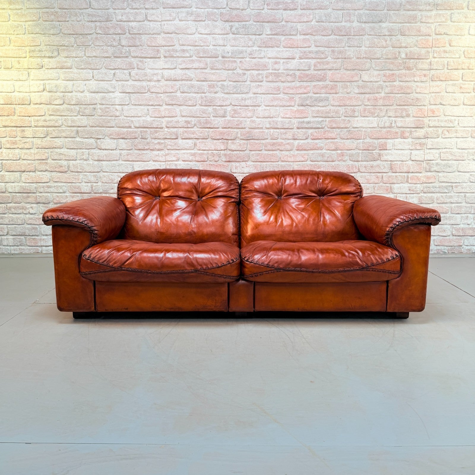 Vintage 70s De Sede DS-101 Two Seater Sofa & Footstool Cognac Leather Switzerlan