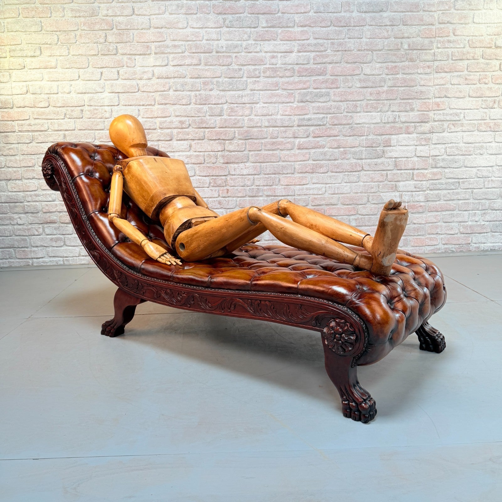 Decorative Chesterfield Style Tan Hand-Dyed Leather Chaise Lounge