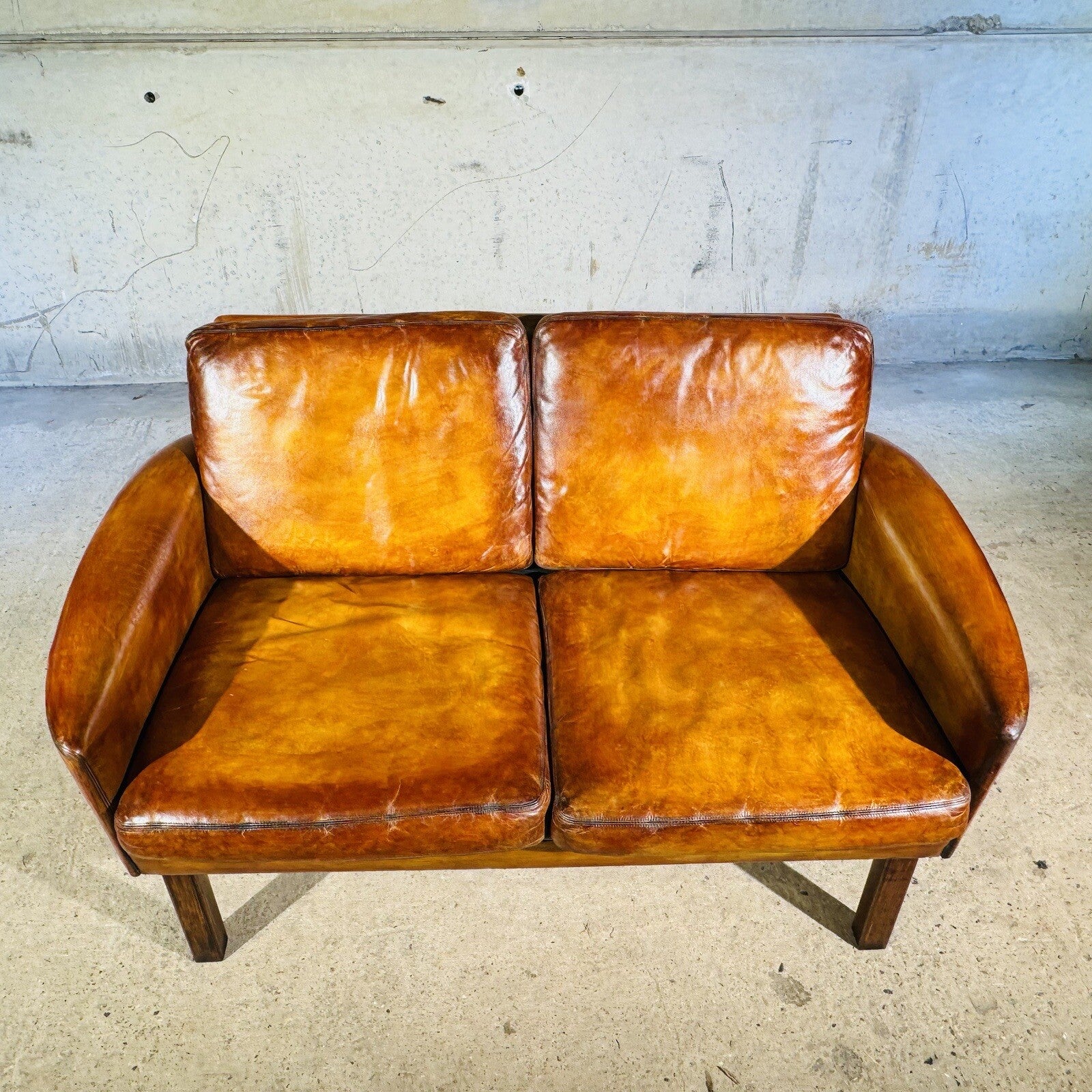Neat Vintage Danish 1960s  Leather Two seater Sofa - Patinated Tan