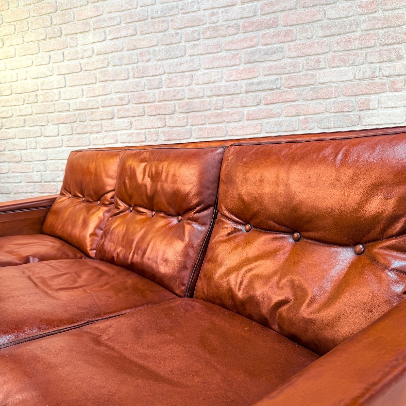 Vintage 1960s Danish Hans Olsen Brown Hand-Dyed Leather Three Seater Sofa