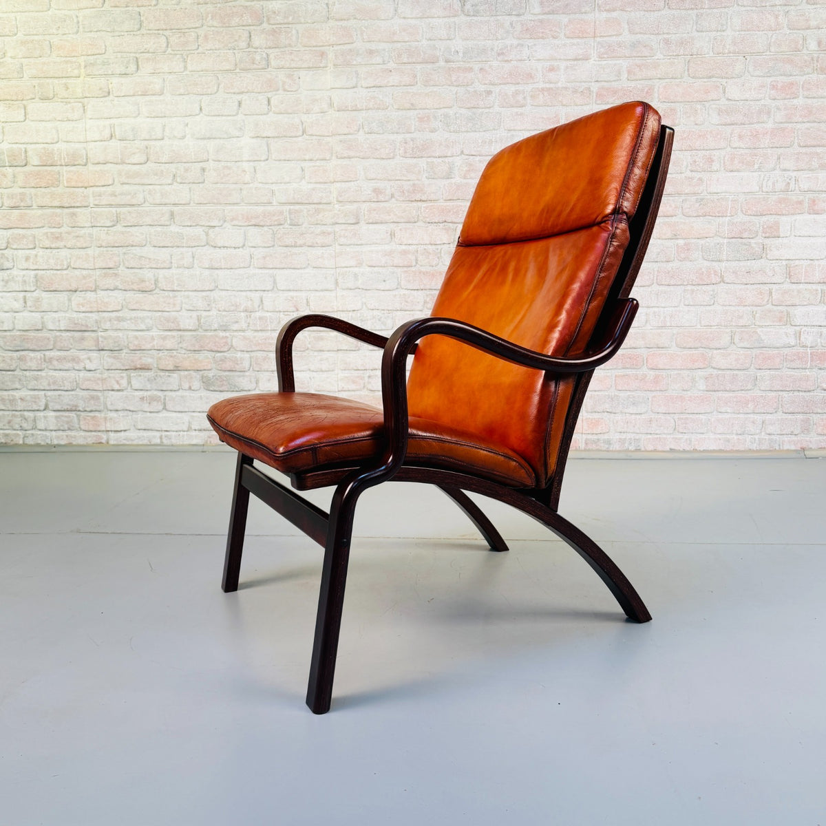 Vintage Danish Stouby Cognac Tan Leather Lounge Armchair Bentwood Beech Frame