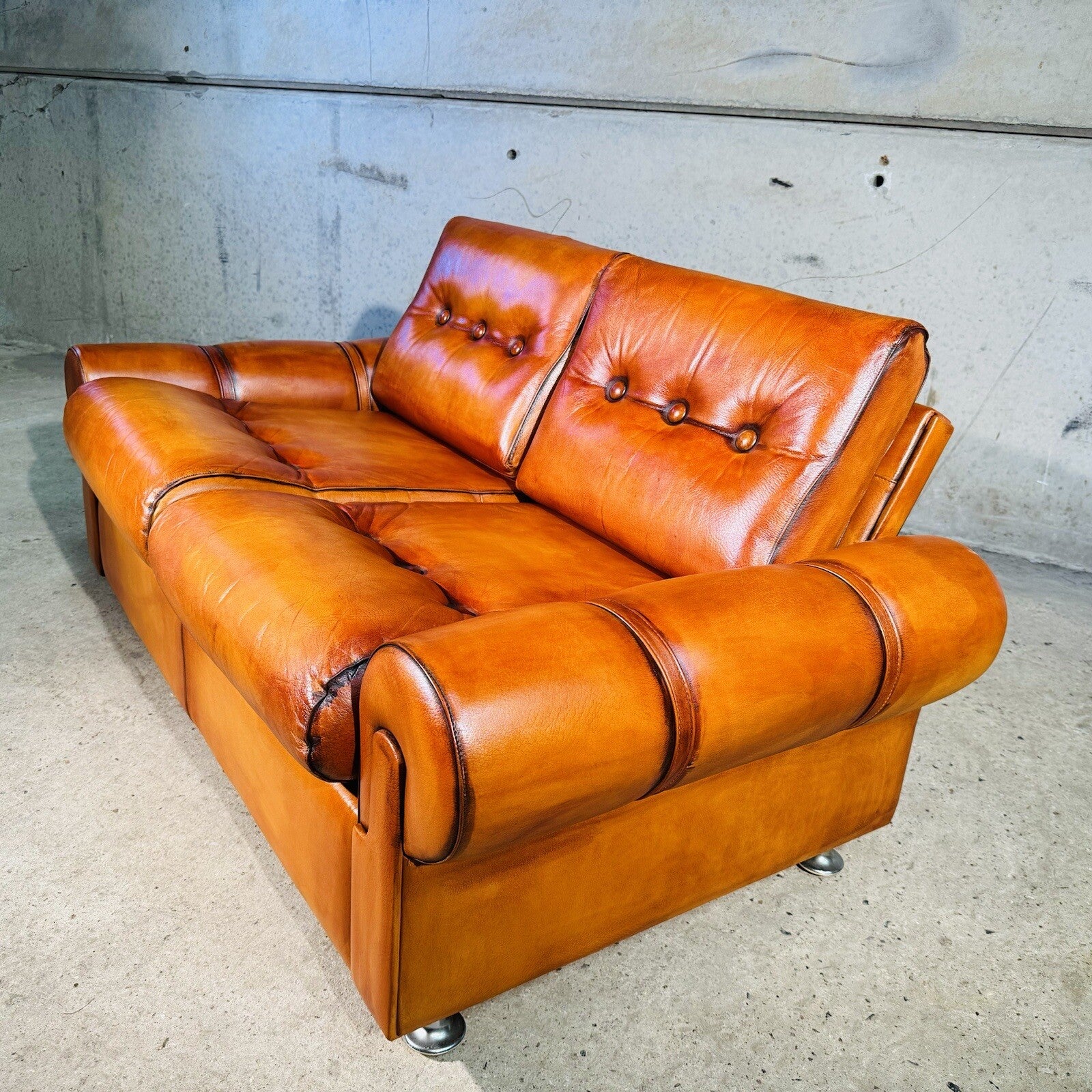 Vintage  RetroDanish Leather  Two Seater Sofa Hand Dyed Tan, Strap Detail