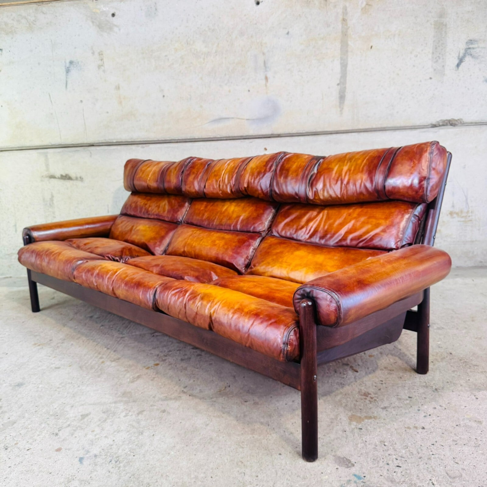Vintage 70s Swedish Arne Norell Safari Three-Seater Tan Leather Sofa