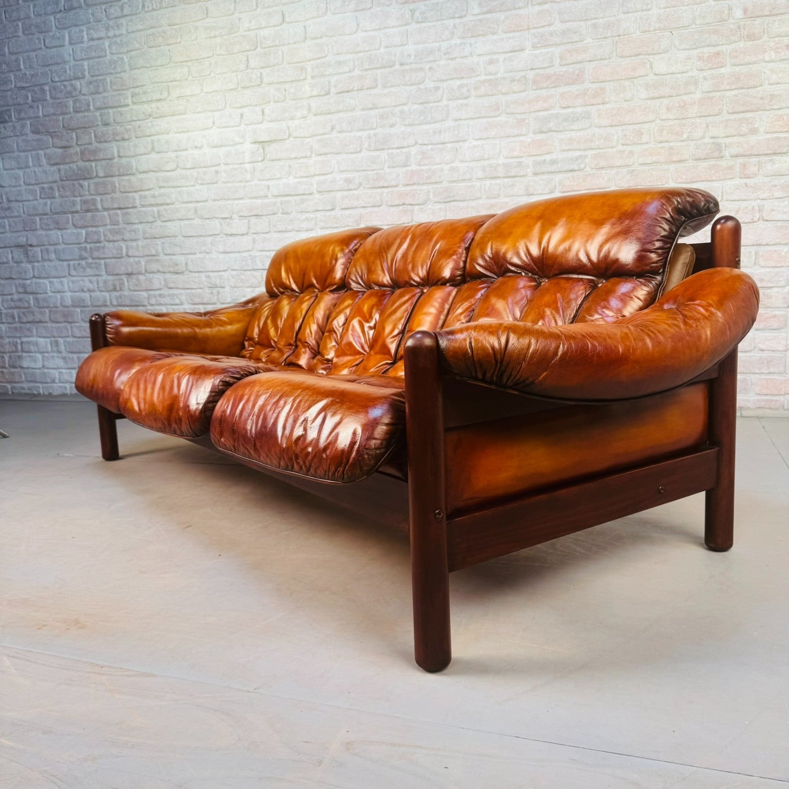 Long Vintage Swedish Tan Leather Three Seater Sofa