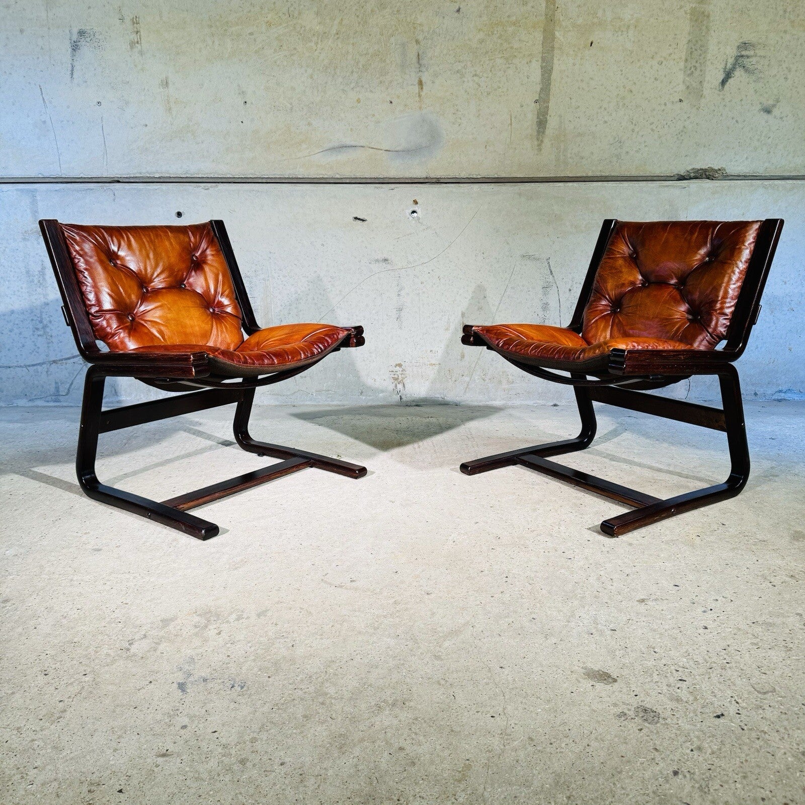 Vintage Pair of  Norwegian 1960s Cantilever Bentwood Chairs Tan Leather