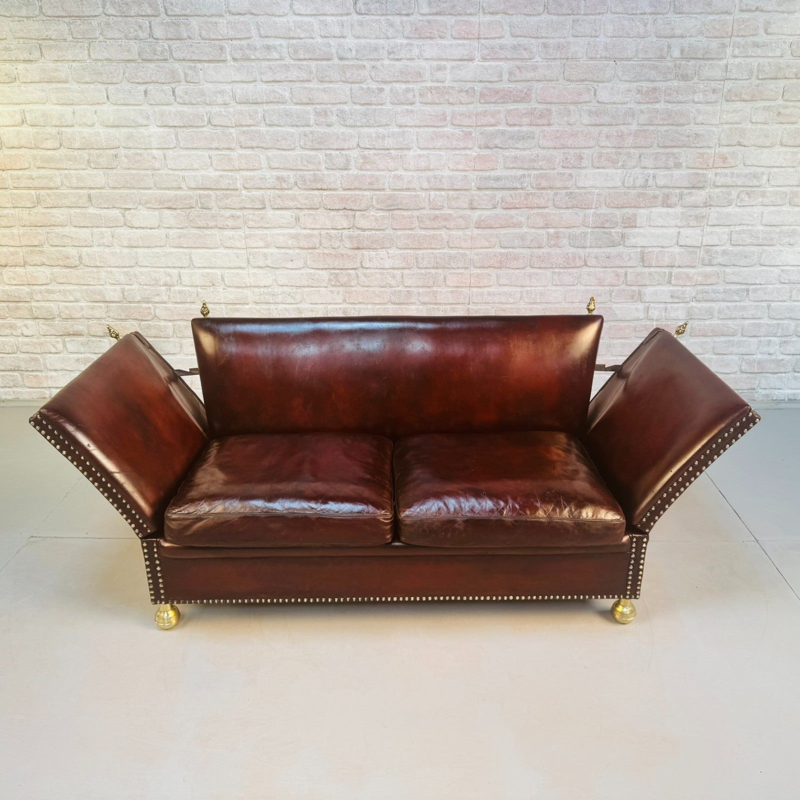 Vintage Danish Knole Style Two Seater Chestnut Brown Leather Sofa