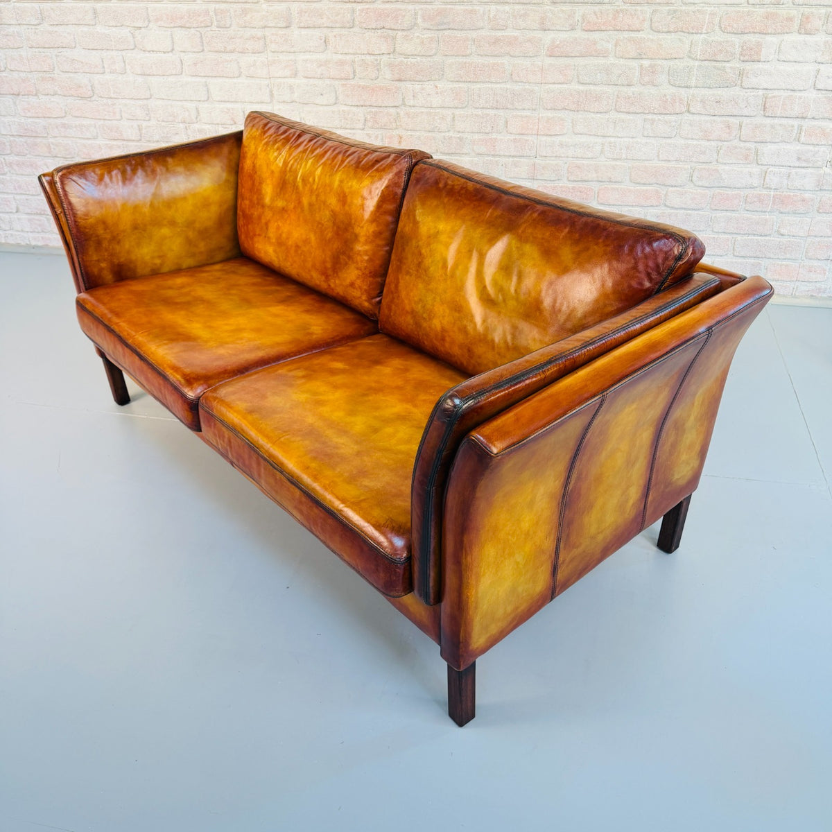 Vintage Danish Hand Dyed Tan Leather 2.5 Seater Sofa Mid Century