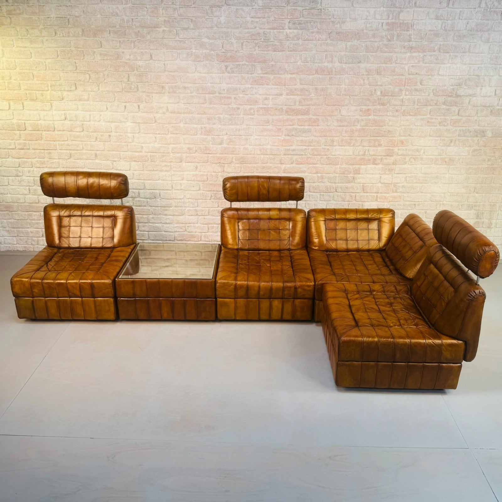 Rare Percival Lafer 60s Modular Sofa 4 Sections & Glass Top Table Tan Leather