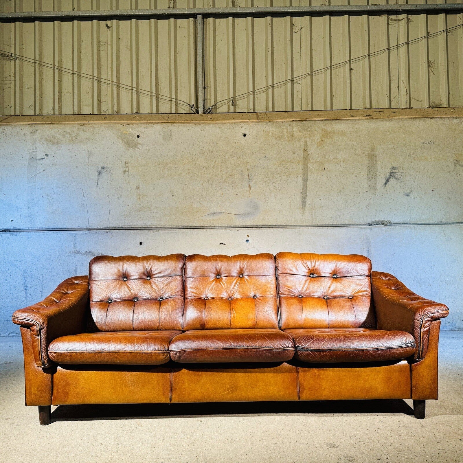 Vintage Danish Three-Seater Sofa - Bull Neck Leather, Hand-Dyed Tan Finish