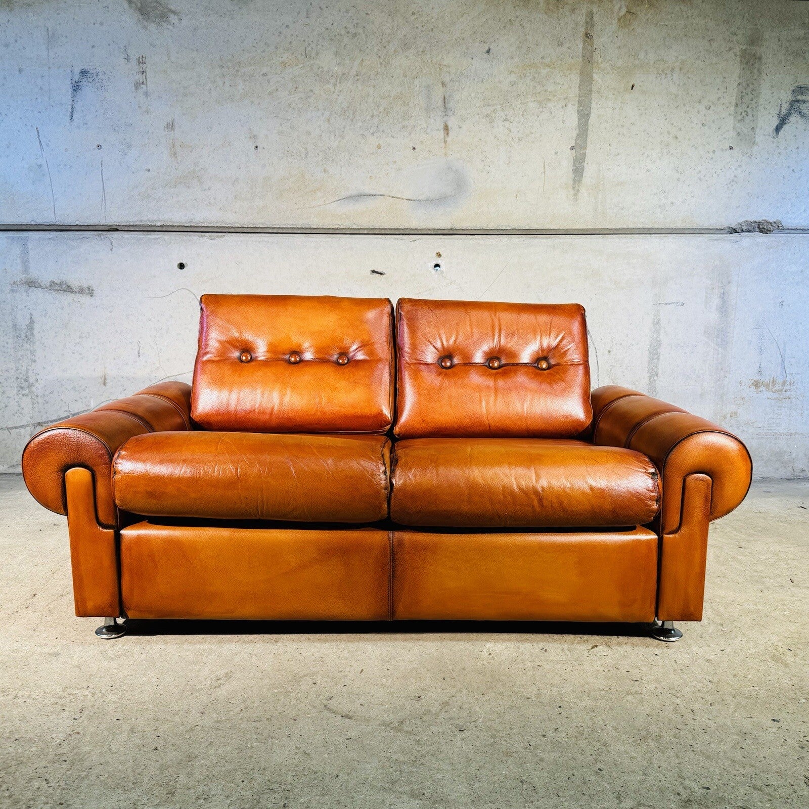 Vintage  RetroDanish Leather  Two Seater Sofa Hand Dyed Tan, Strap Detail