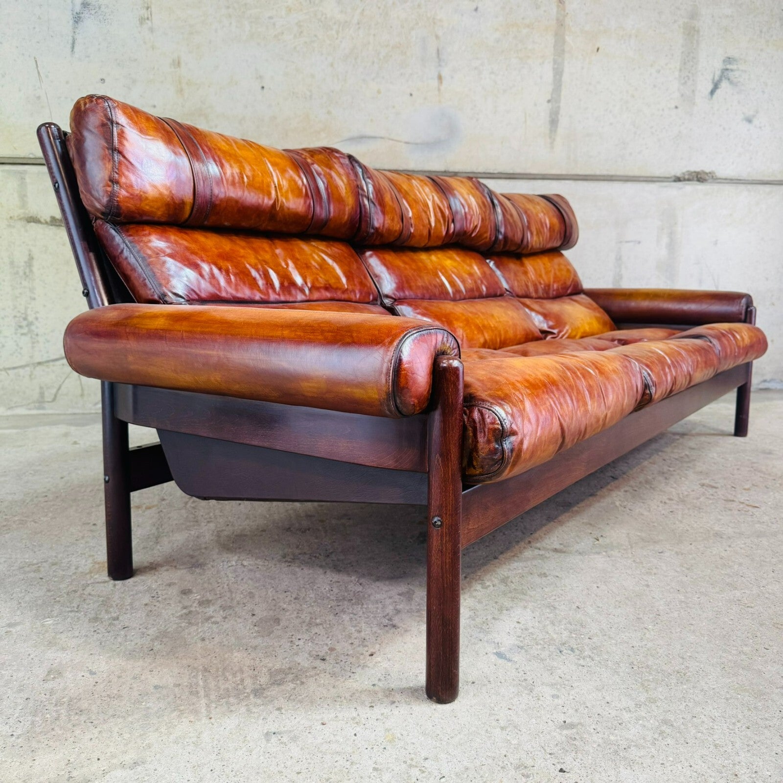 Vintage 70s Swedish Arne Norell Safari Three-Seater Tan Leather Sofa