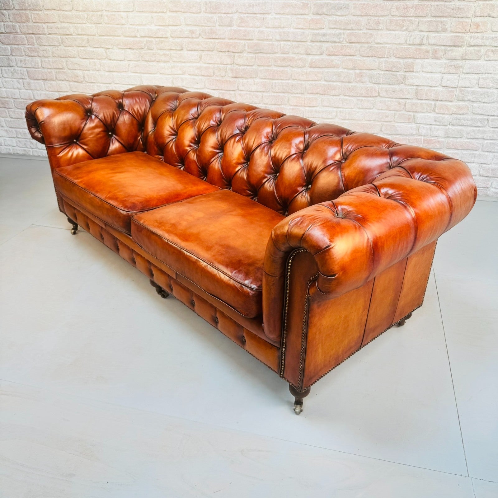 Vintage English Three Seater Tan Leather Chesterfield Sofa