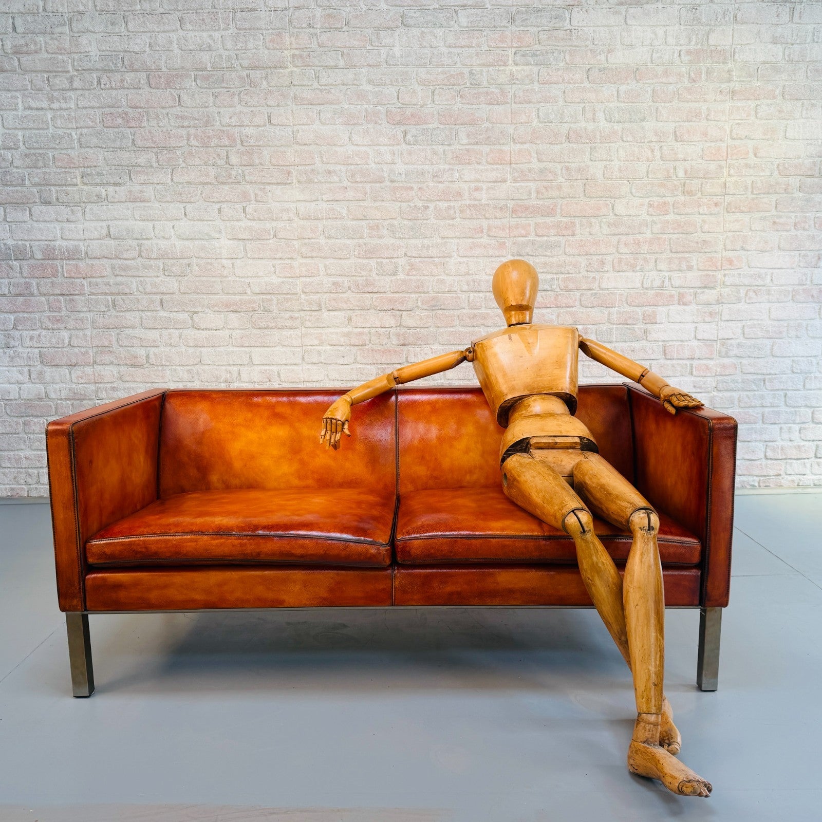 Long Vintage Danish Mogens Hansen Two Seater Light Tan Leather Sofa