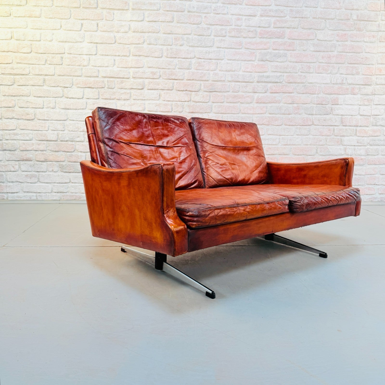 Vintage 1970s Danish Cognac Hand-Dyed Leather Two Seater Sofa