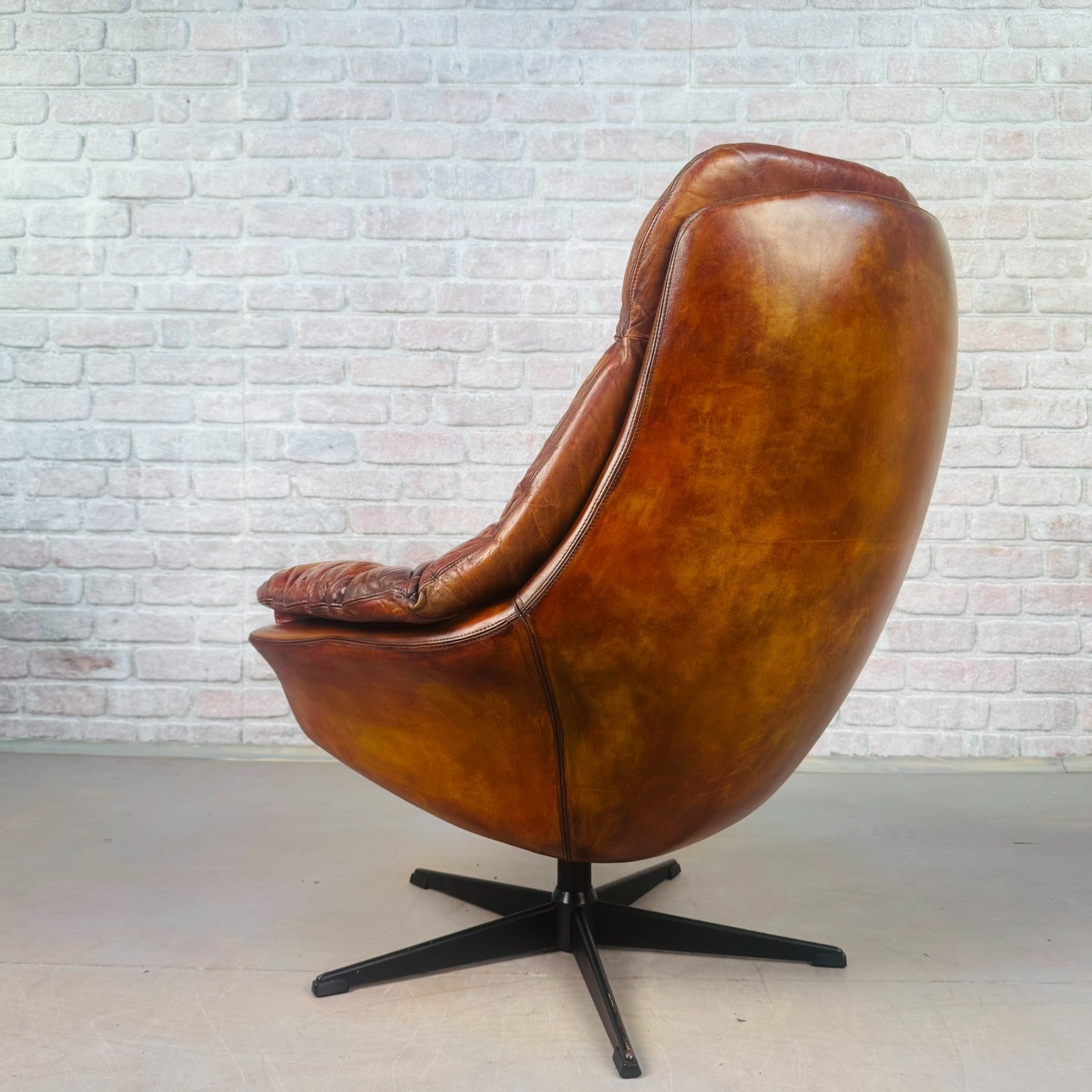 Vintage Danish H.W. Klein Egg Chair by Bramin Tan Leather Swivel Mid Century