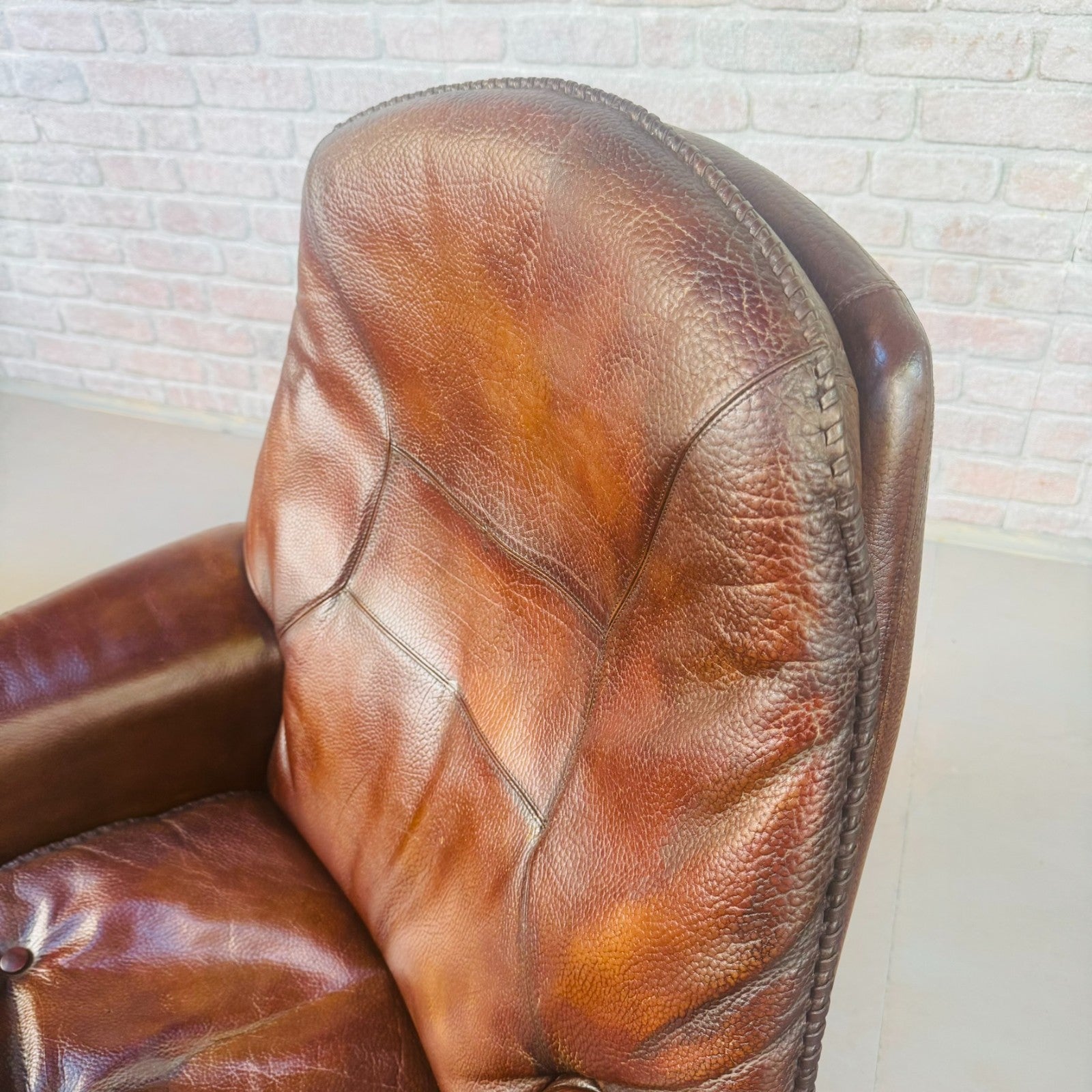 Vintage Pair 1970s Danish Berg Mobler Brown Leather Swivel Chairs Mid Century