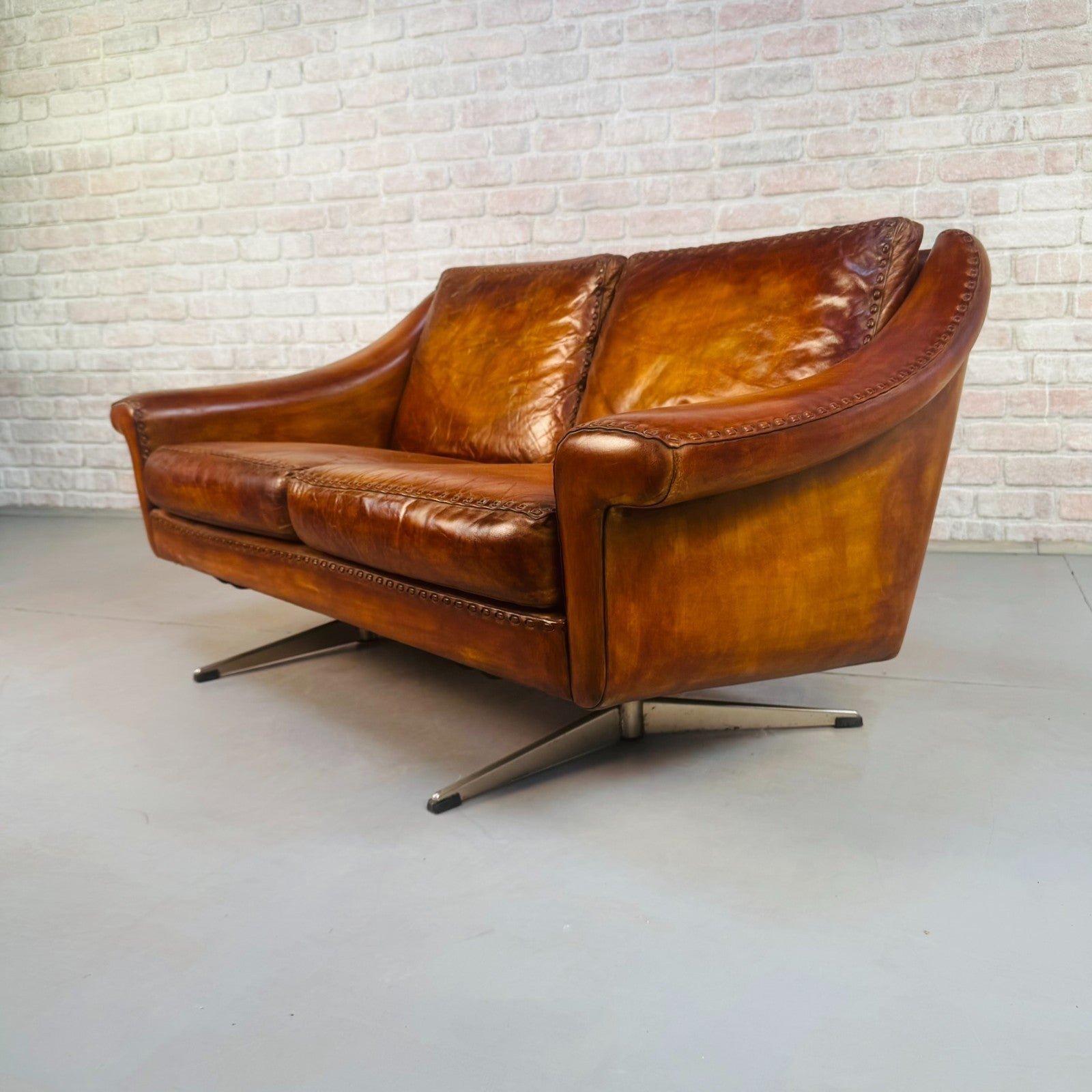 Vintage 60s Aage Christiansen "Matador" Tan Leather 2 Seater Sofa & Chair