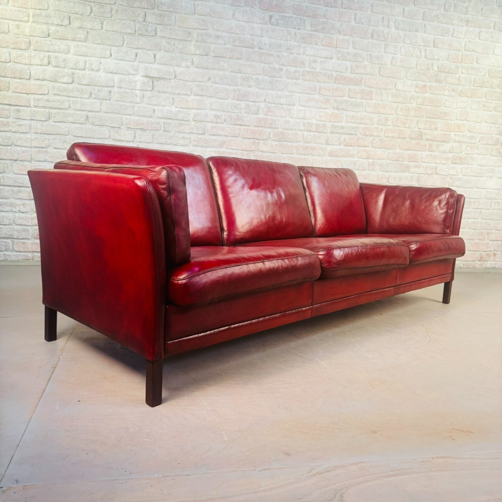 Vintage 1970s Mogens Hansen Danish Red Leather Three-Seater Sofa Mid Century