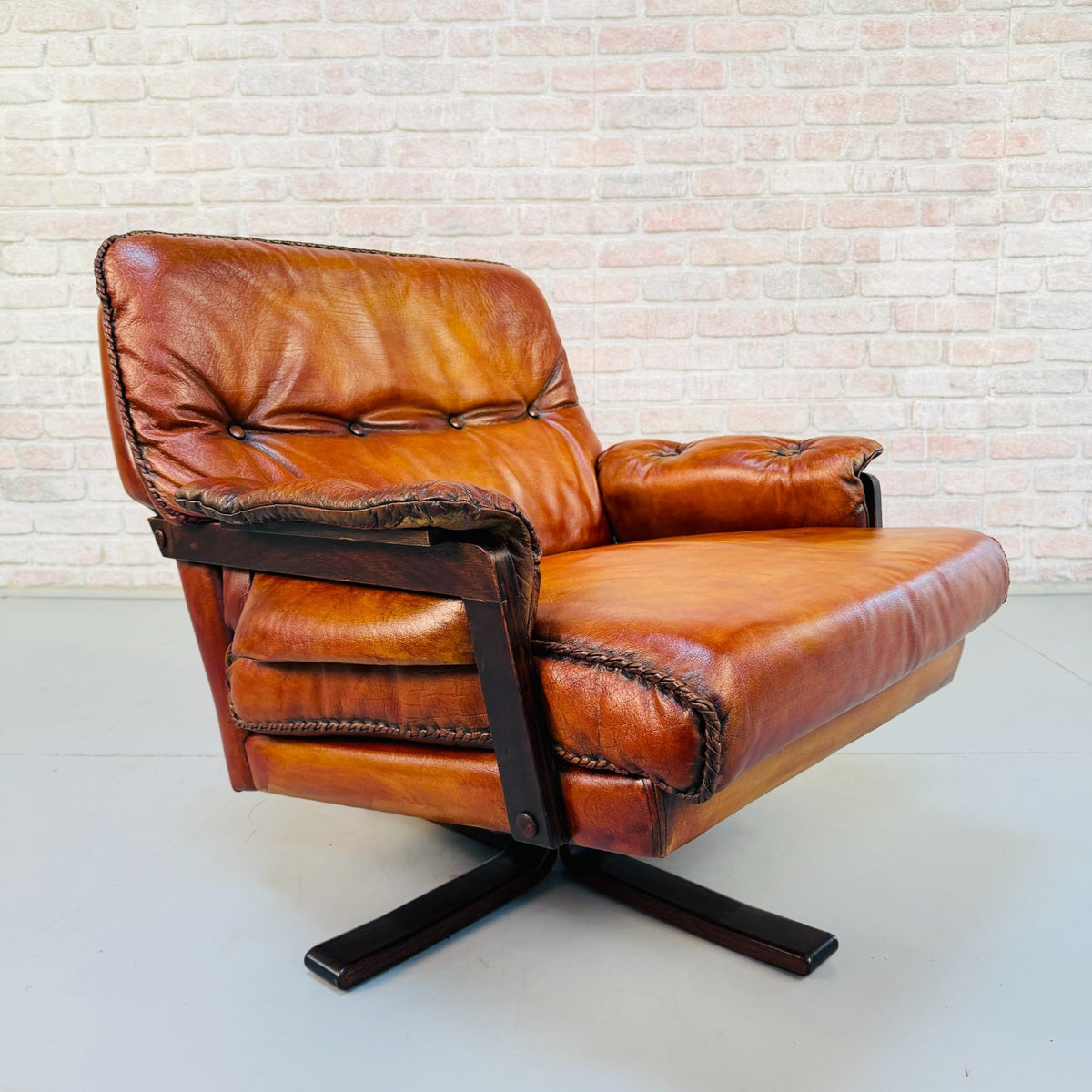 Vintage 1970s Arne Norell Swedish Tan Leather Swivel Chair & Footstool