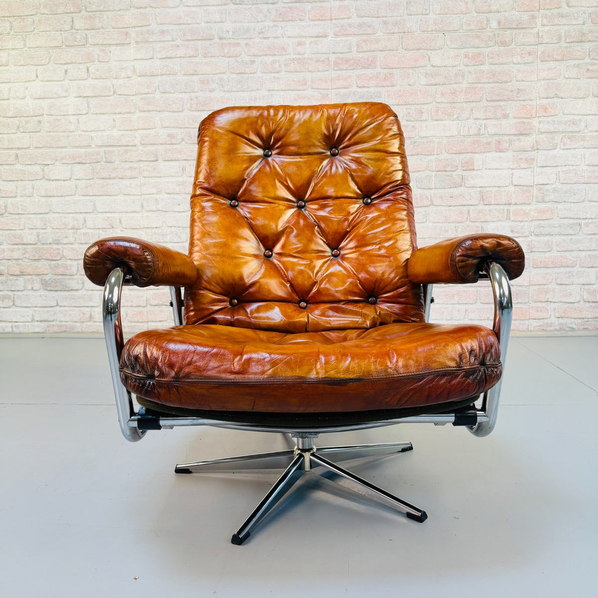 1970s Vintage Danish Tan Leather Swivel Recliner Armchair Chrome Frame