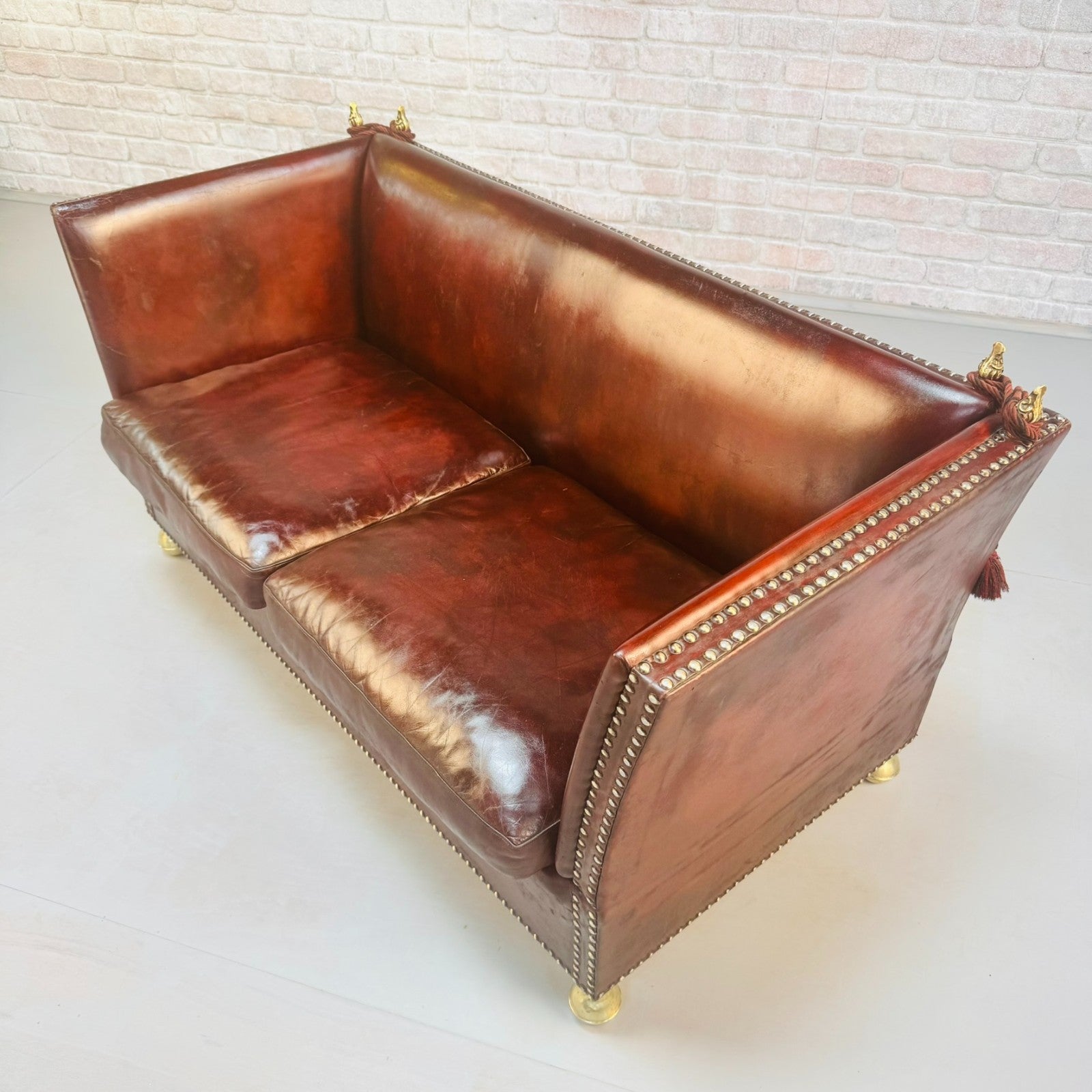 Vintage Danish Knole Style Two Seater Chestnut Brown Leather Sofa