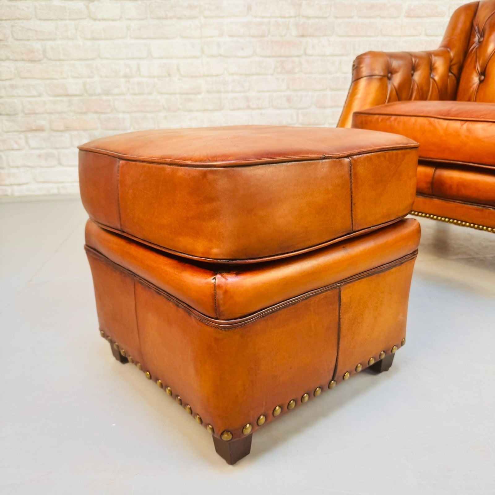 Vintage Chesterfield Armchair & Footstool Tan Leather Cognac Lounge Chair