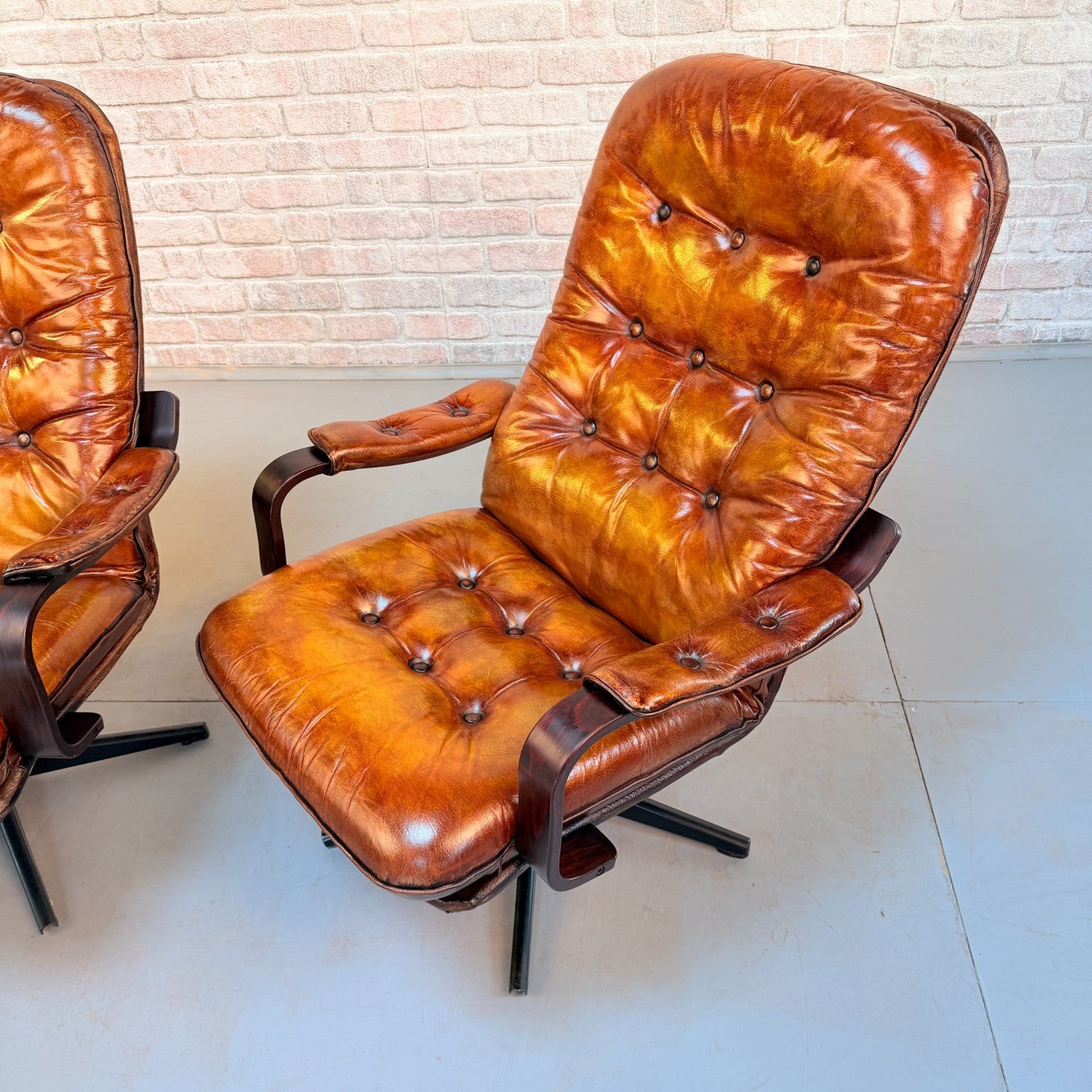 Vintage Pair Danish Tan Leather Swivel Chairs Hand Dyed Cognac Patina
